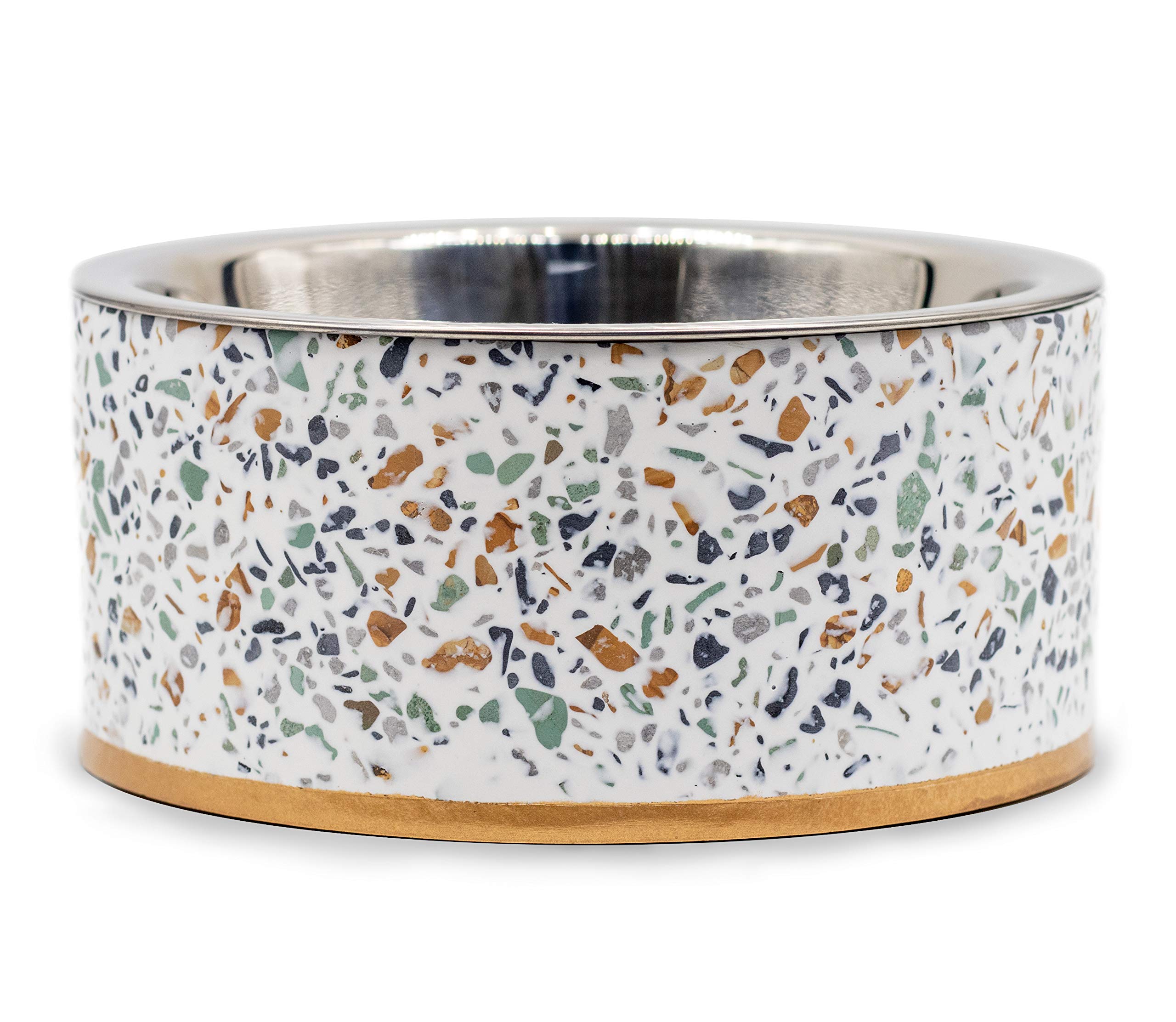 Pet Junkie Terrazzo Pet Bowl - Stainless Steel Washable Inner Bowl for Dog & Cat Food/Water - Non-Slip Durable Design - Perfect for Home, Travel & Outdoor Use - White (Small)
