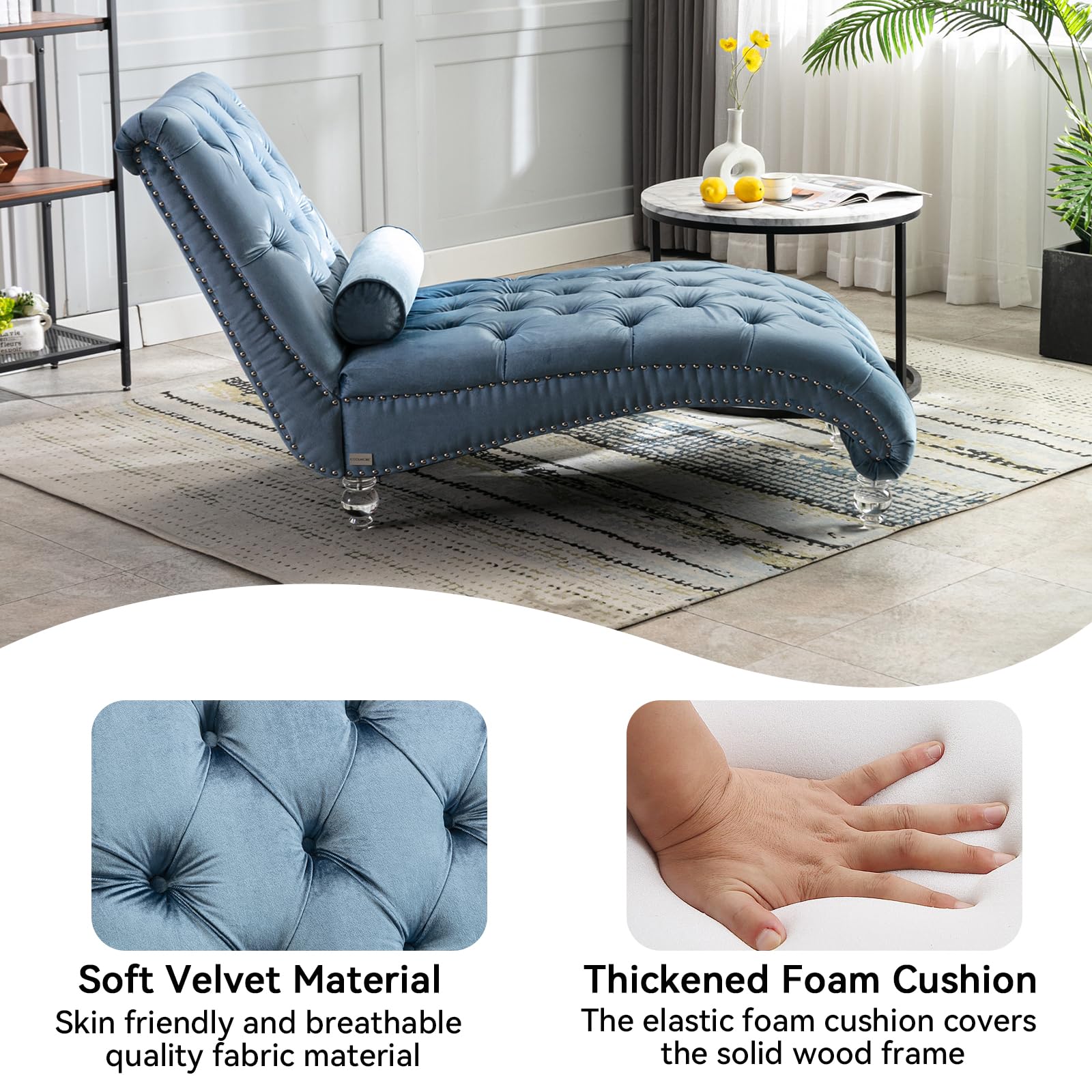 Tufted Velvet Chaise Lounge Chair for Living Room & Bedroom - Upholstered Sofa with Waist Pillow & Acrylic Feet - Curved Cushion Fabric Sleeper Chair (Light Blue) - Perfect for Relaxing, Reading & Small Space Decor