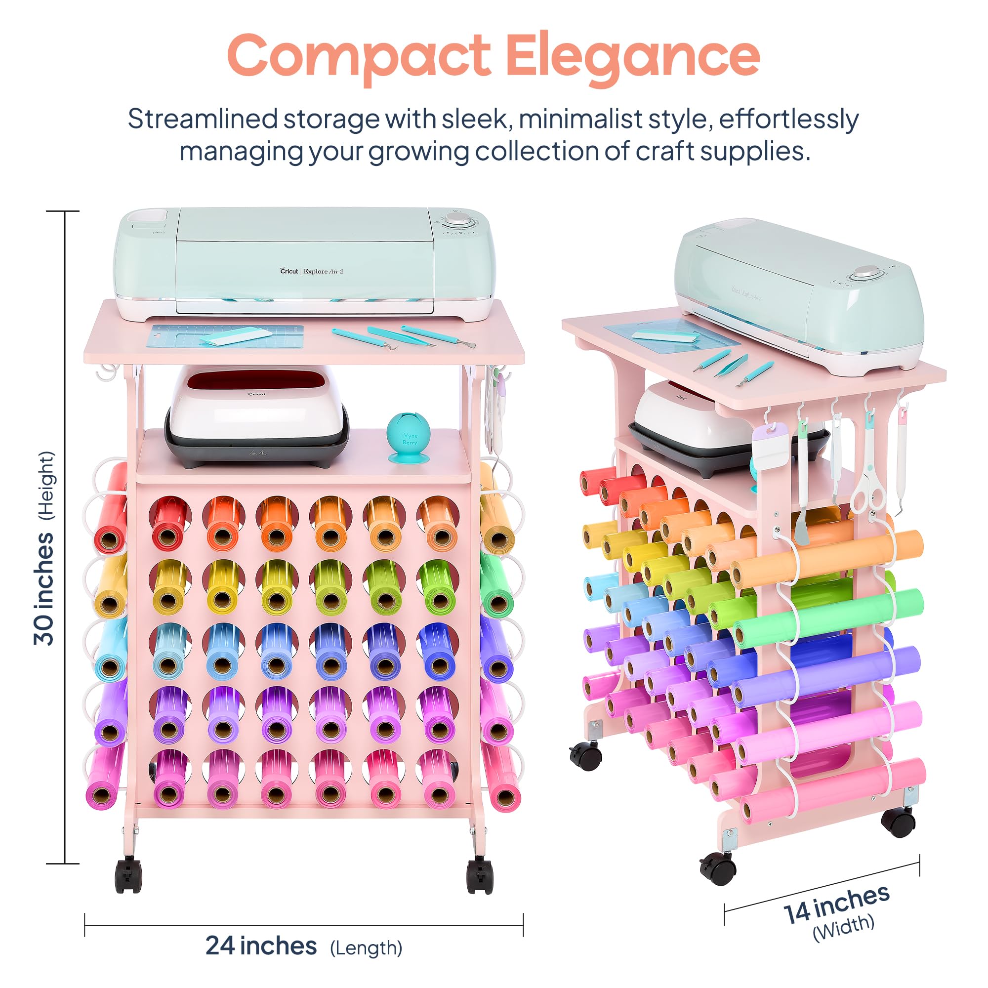 iVyne Vinyl Storage Cart - 40 Vinyl Roll Holders for Cricut Organization, Compact Craft Cart with Wheels & Tool Holders - Compatible with All Cricut Machines - Perfect for Craft Rooms, DIY Projects & Home Decor - Pink