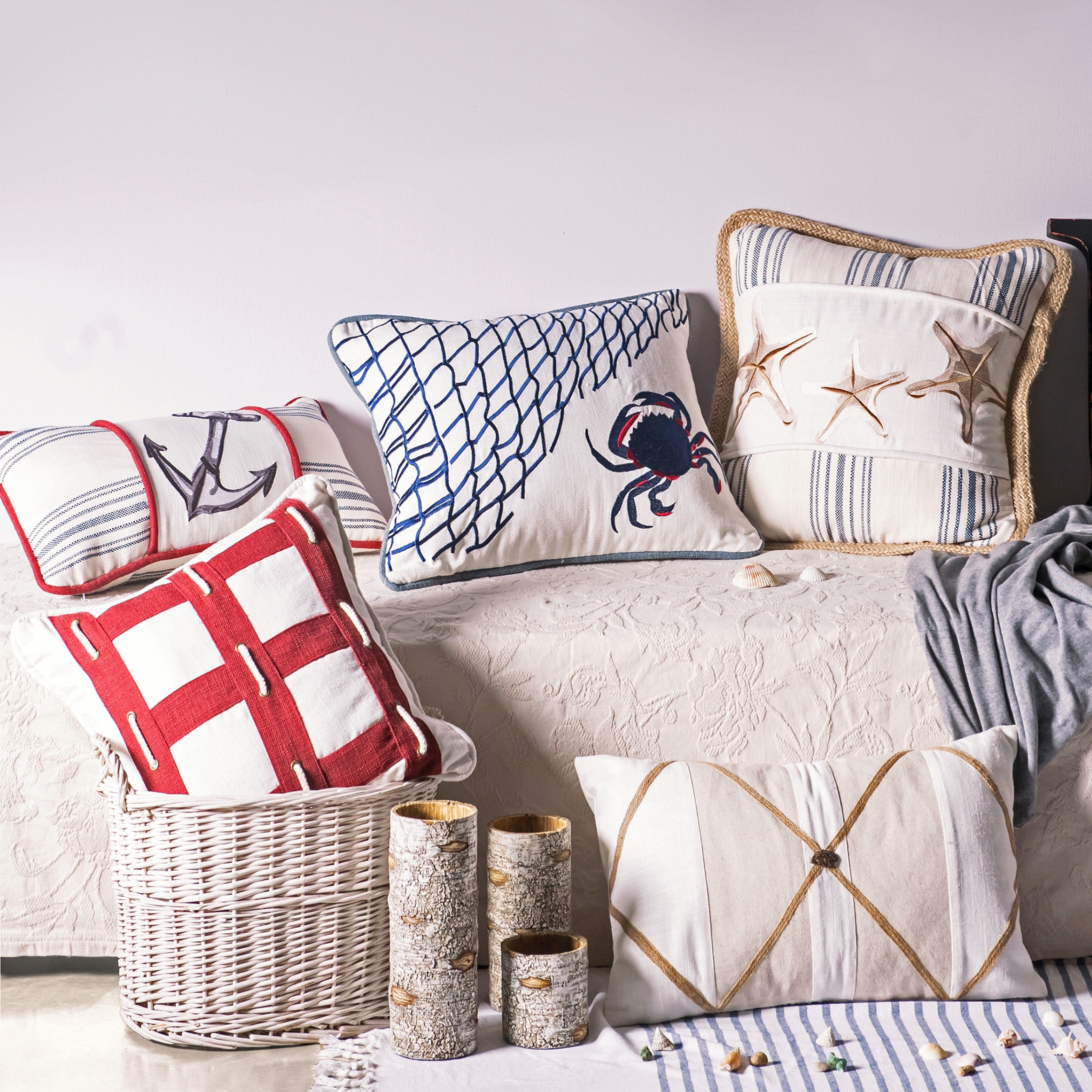 Linen Eyelet Decorative Throw Pillow with Rope Trim - Boho Chic Home Decor for Sofa, Bed, Living Room & Nursery