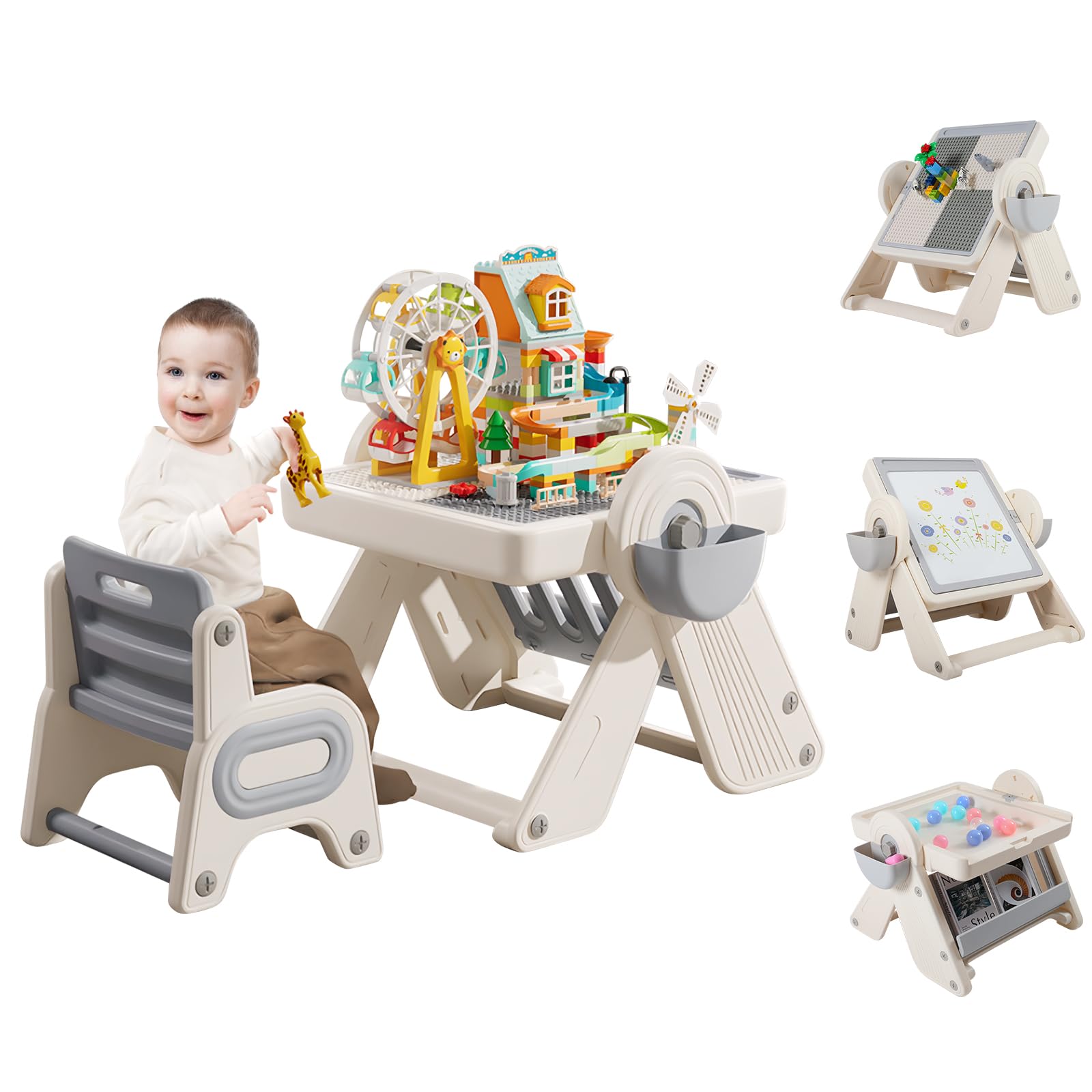 8-in-1 Kids Activity Table with Chairs - Foldable Toddler Building Block Play Table for Drawing, Reading & Creative Play - Includes Bookshelf & Drawing Board (Blocks & Accessories Sold Separately) - Perfect for Preschool Learning, Daycare Centers & Home Playrooms