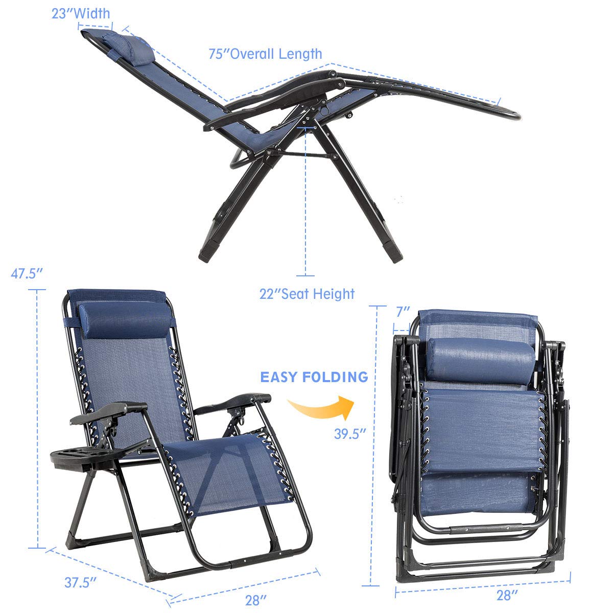 SAFSTAR Zero Gravity Chair Set of 2 - Heavy Duty 500lbs Capacity Reclining Lounge Chairs with Cup Holder & Detachable Pillow, Adjustable Folding Outdoor Patio Chairs for Backyard, Beach, Camping, Poolside Relaxation (Navy Blue)
