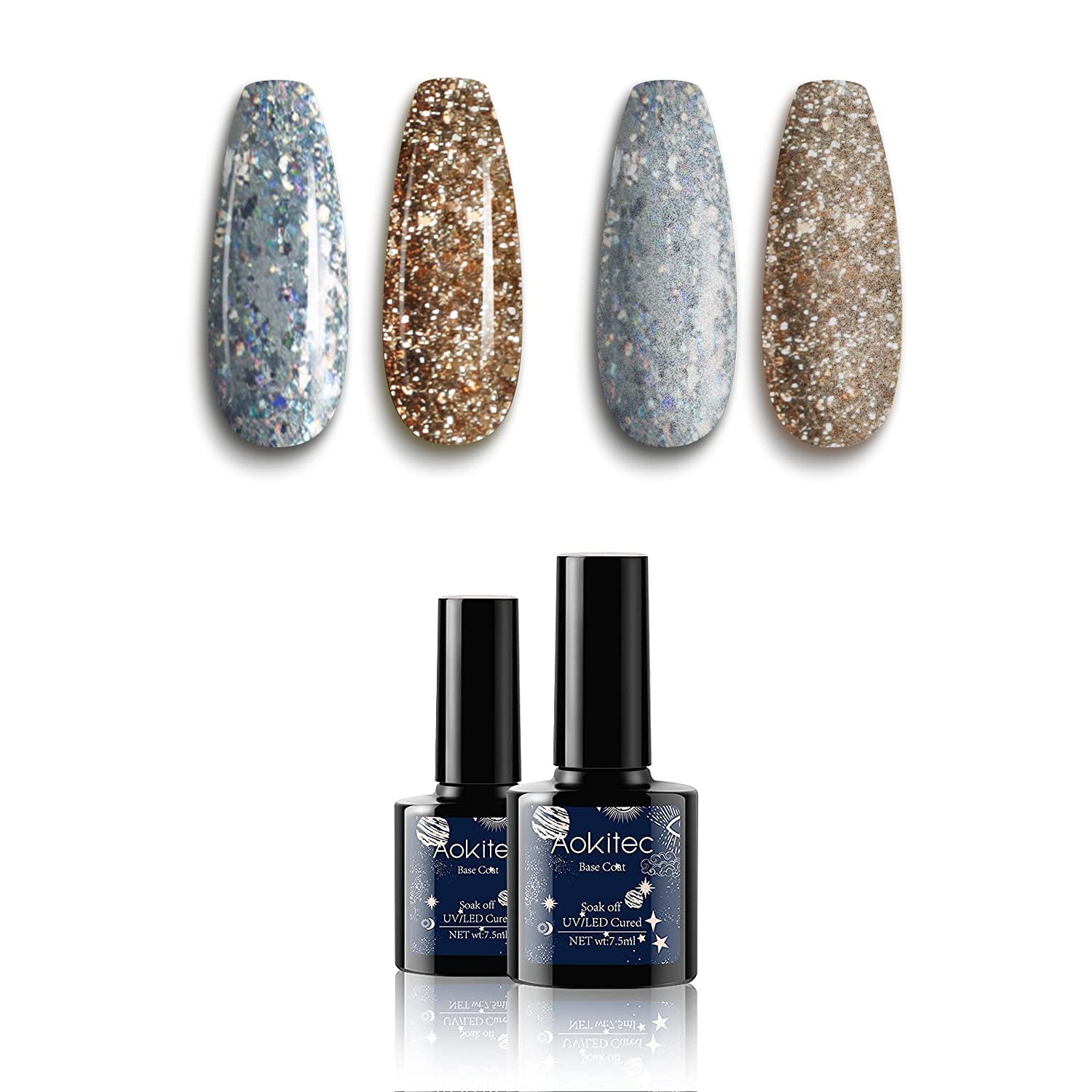 Aokitec Gel Nail Polish Set - 2PC 7.5ML Glitter Gold & Silver Soak Off UV LED Gel Polish for French Manicure | DIY Nail Art Design for Home Salon & Professional Use | Perfect for Parties, Weddings & Special Occasions