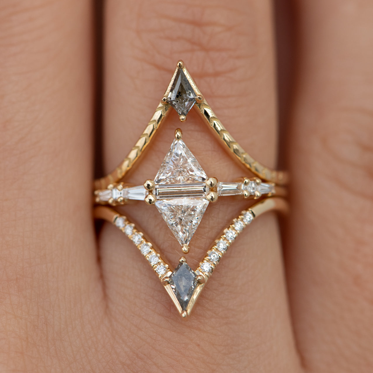 Engraved Chevron Ring with Salt & Pepper Kite Diamond - Elegant Stackable Jewelry for Weddings, Anniversaries & Everyday Wear