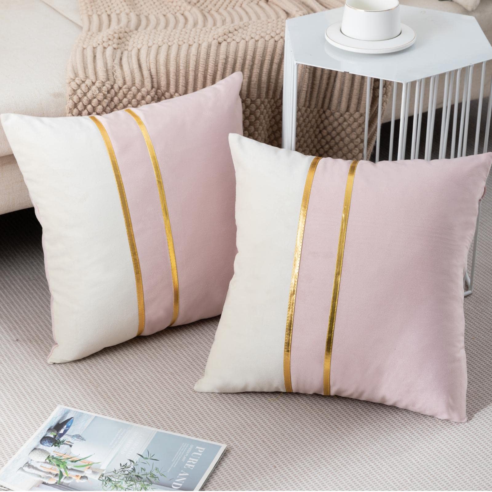 ZLINA Set of 2 Velvet Decorative Throw Pillow Covers - 16x16 Inch Pink & White Patchwork with Gold Leather Accents for Sofa, Bed, Living Room & Car Decor | Soft Luxury Cushion Covers for Home & Vehicle Styling