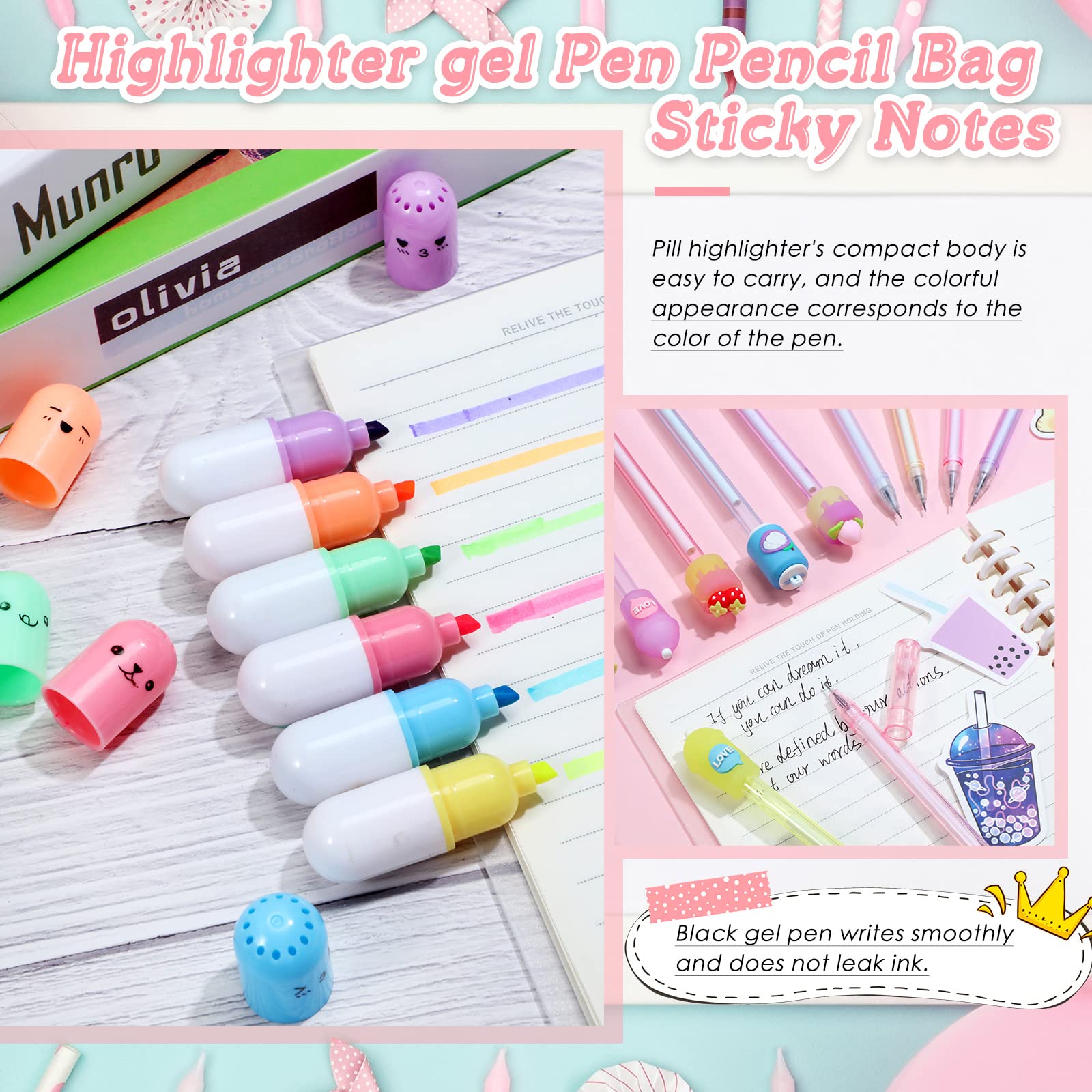 Sabary 228 Pcs Kawaii Stationery Set with Telescopic Boba Pencil Pouch, Gel Pens, Sticky Notes, Bubble Tea Stickers & Highlighters - Cute School & Office Supplies for Students, Back to School, Christmas Gifts (Vivid Colors)