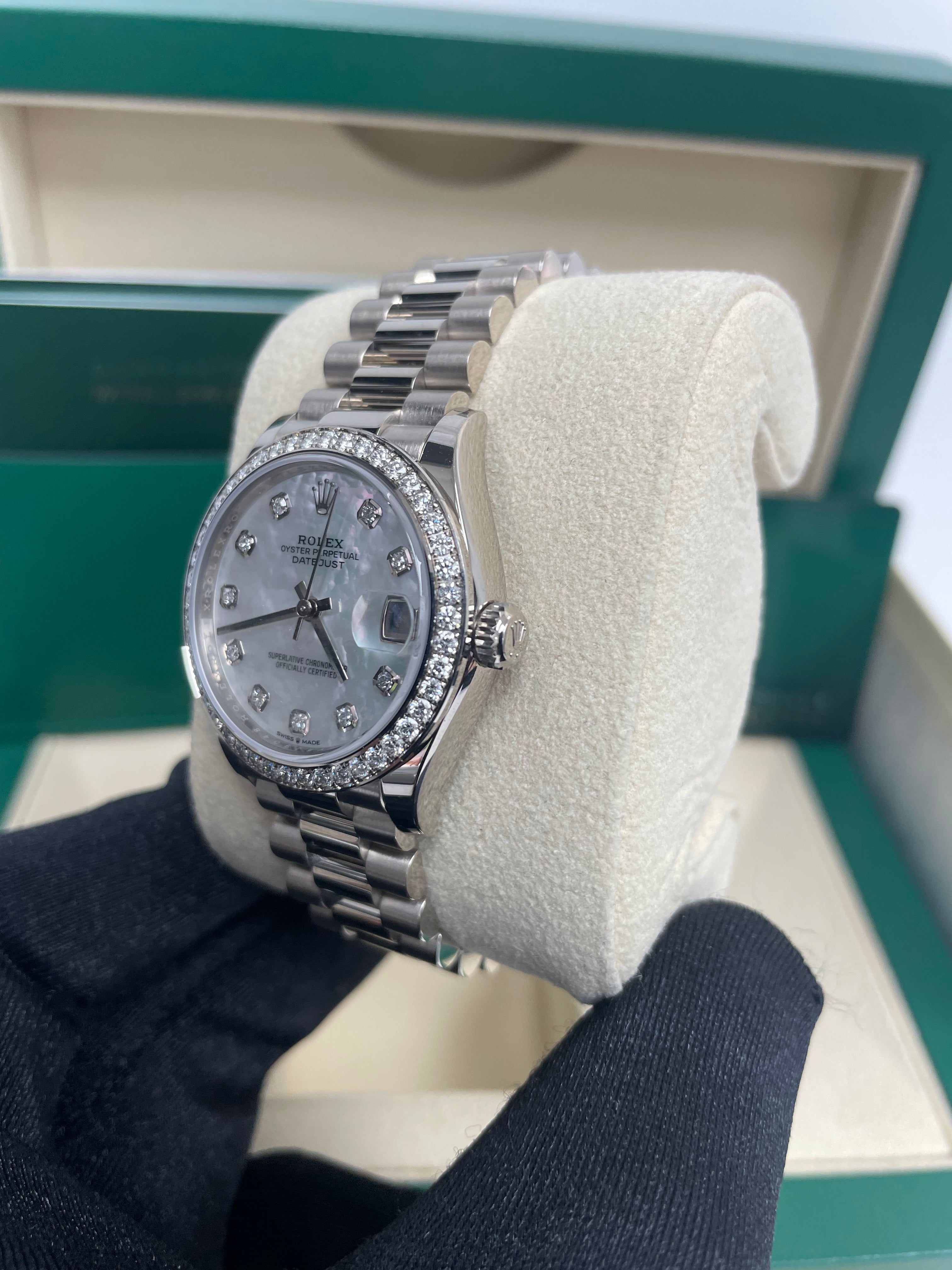 Rolex Datejust 31 White Gold Watch with Diamond Bezel & Mother of Pearl Diamond Dial - President Bracelet (Ref #278289RBR) | Luxury Women's Timepiece for Special Occasions & Formal Events