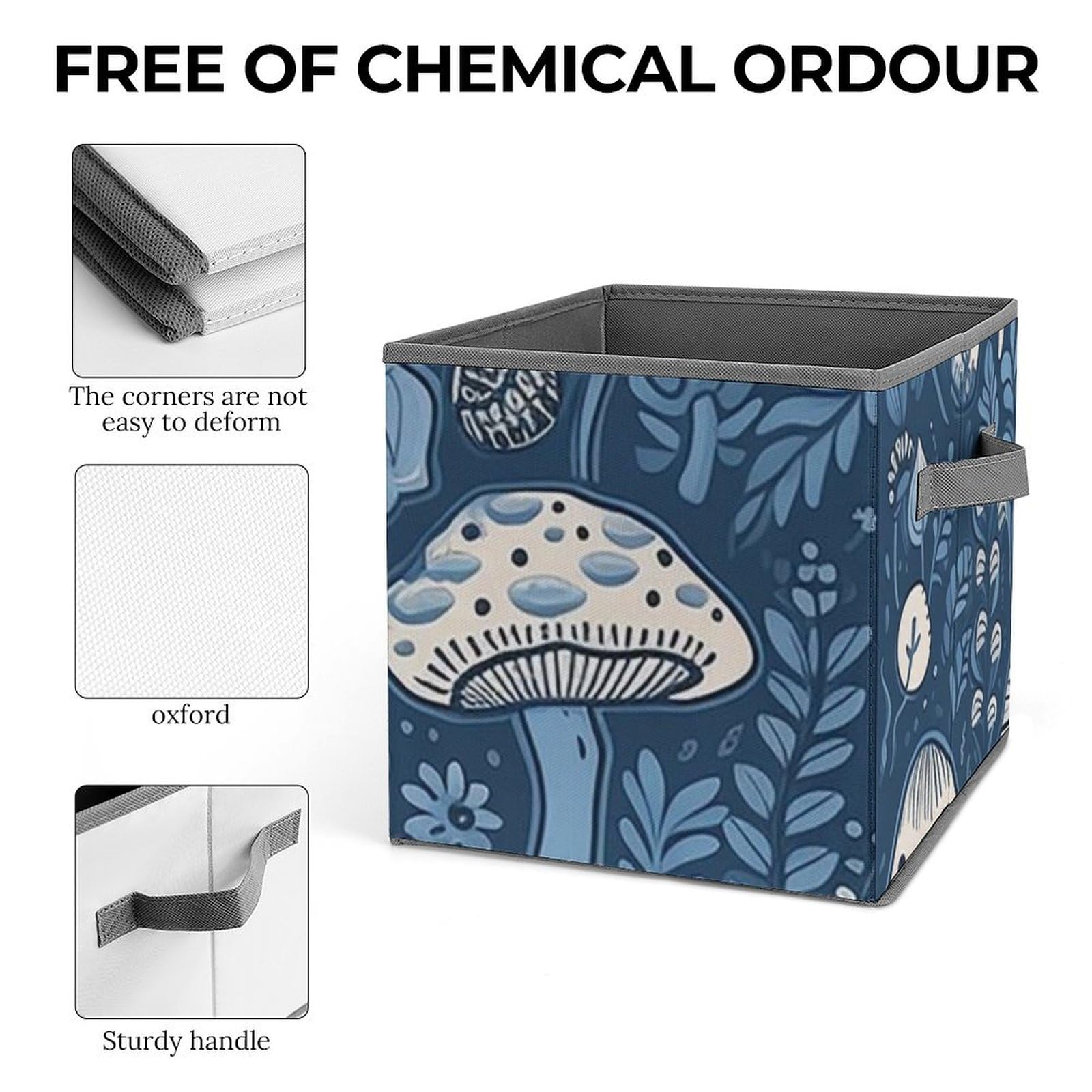Collapsible Storage Bins with Handles - Blue Mushroom Printed Organizing Baskets for Home & Office
