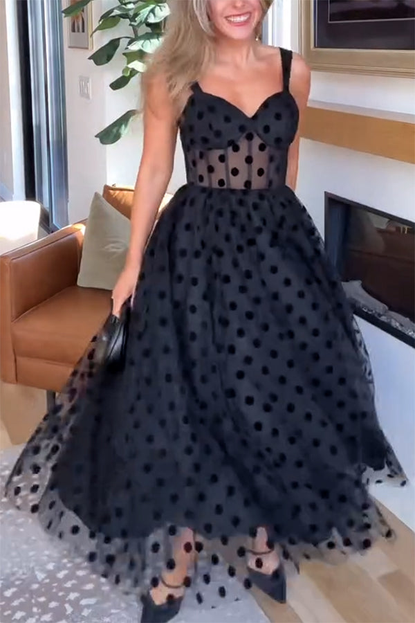 Elegant Polka Dot Sweetheart Bustier A-Line Midi Dress for Women - Perfect for Weddings, Parties & Special Occasions