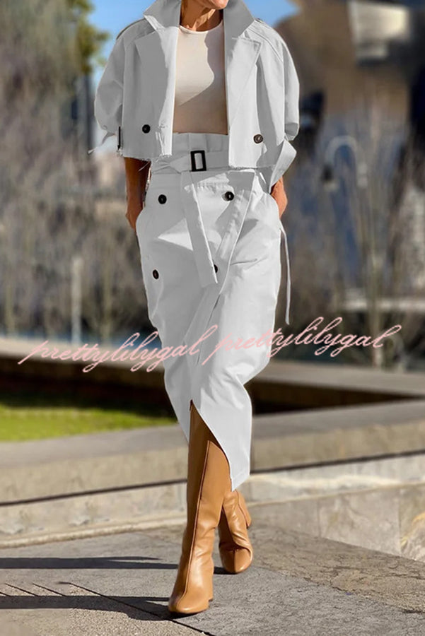 Elegant Work Style Lapel Long Sleeve Blazer & Button Belt Pocketed Slit Midi Skirt Set - Professional Office Outfit for Women | Business Casual Attire for Work, Meetings & Formal Events