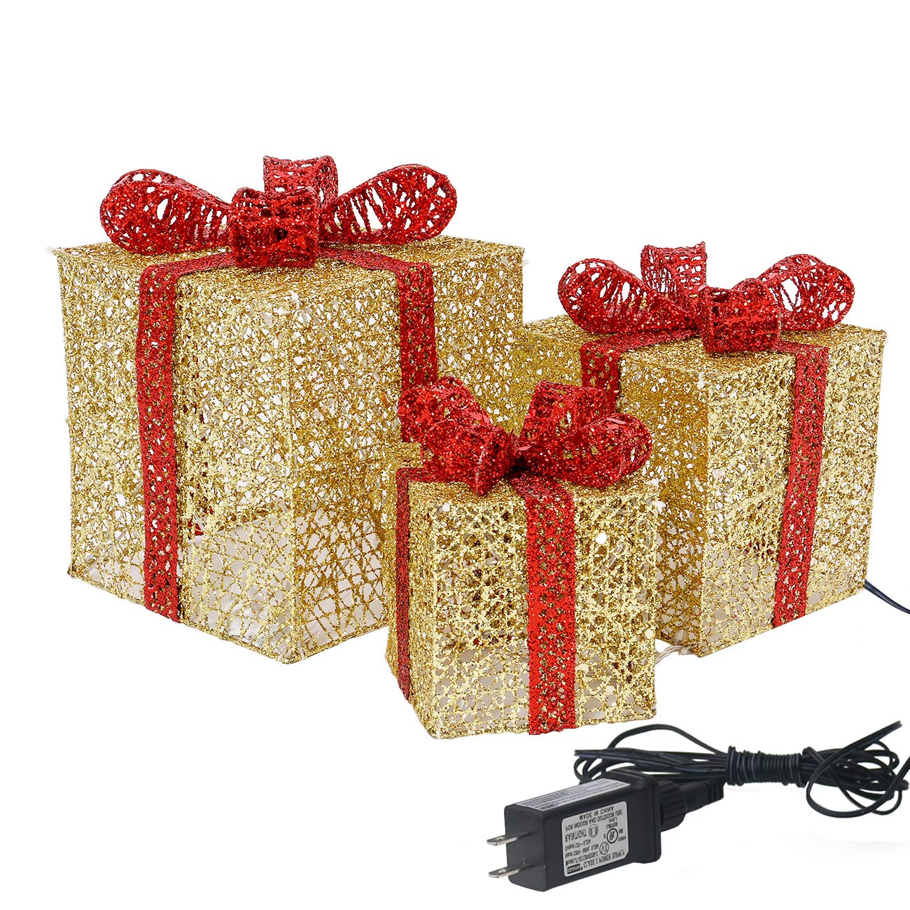Sunnyglade 3-Piece Christmas Lighted Gift Box Set with Bows - Gold Holiday Decor for Home & Weddings