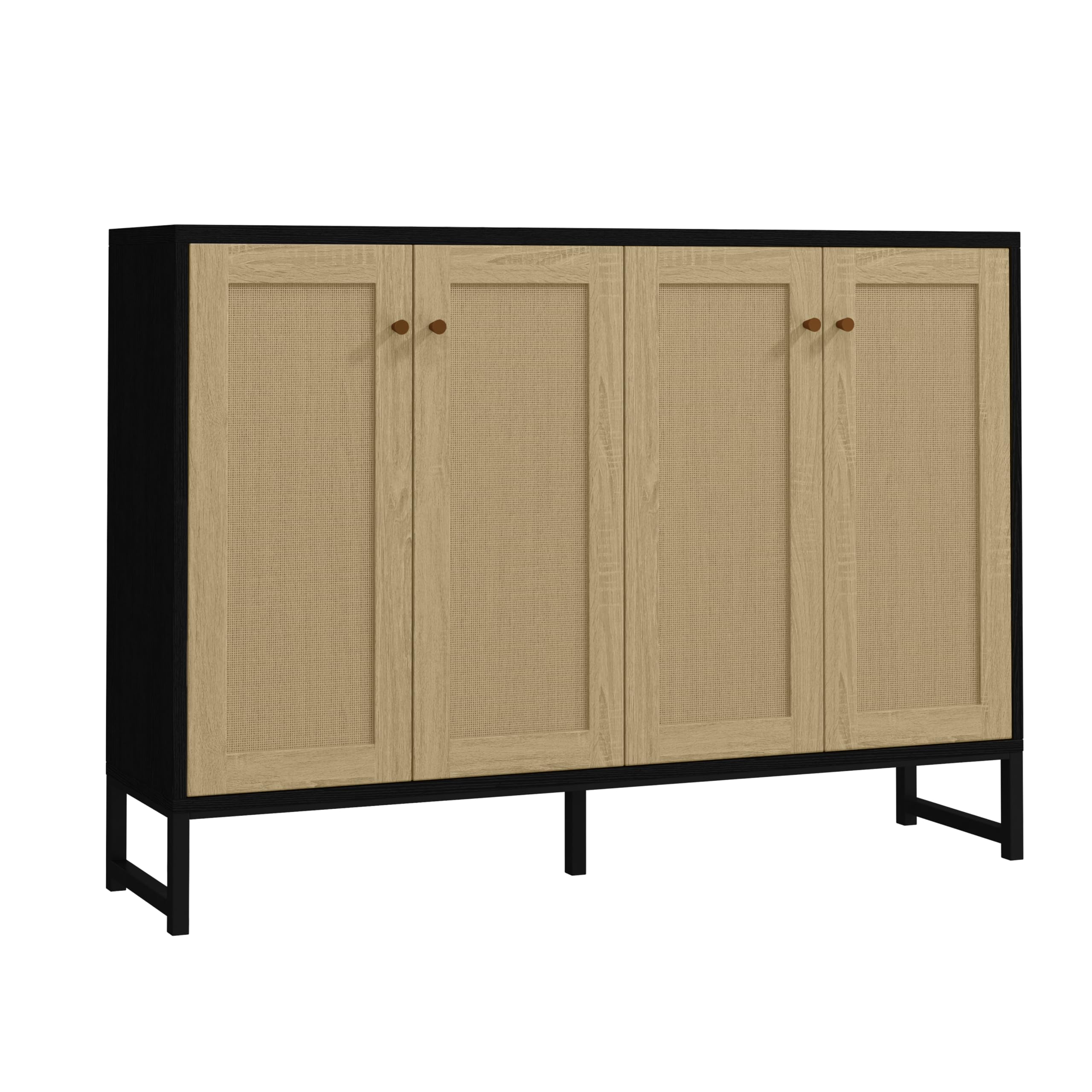 Panana 4-Door Sideboard Accent Cabinet with Rattan Decor - Freestanding Kitchen Buffet Storage for Dining Room & Living Room | Black Modern Cupboard for Home Organization & Display