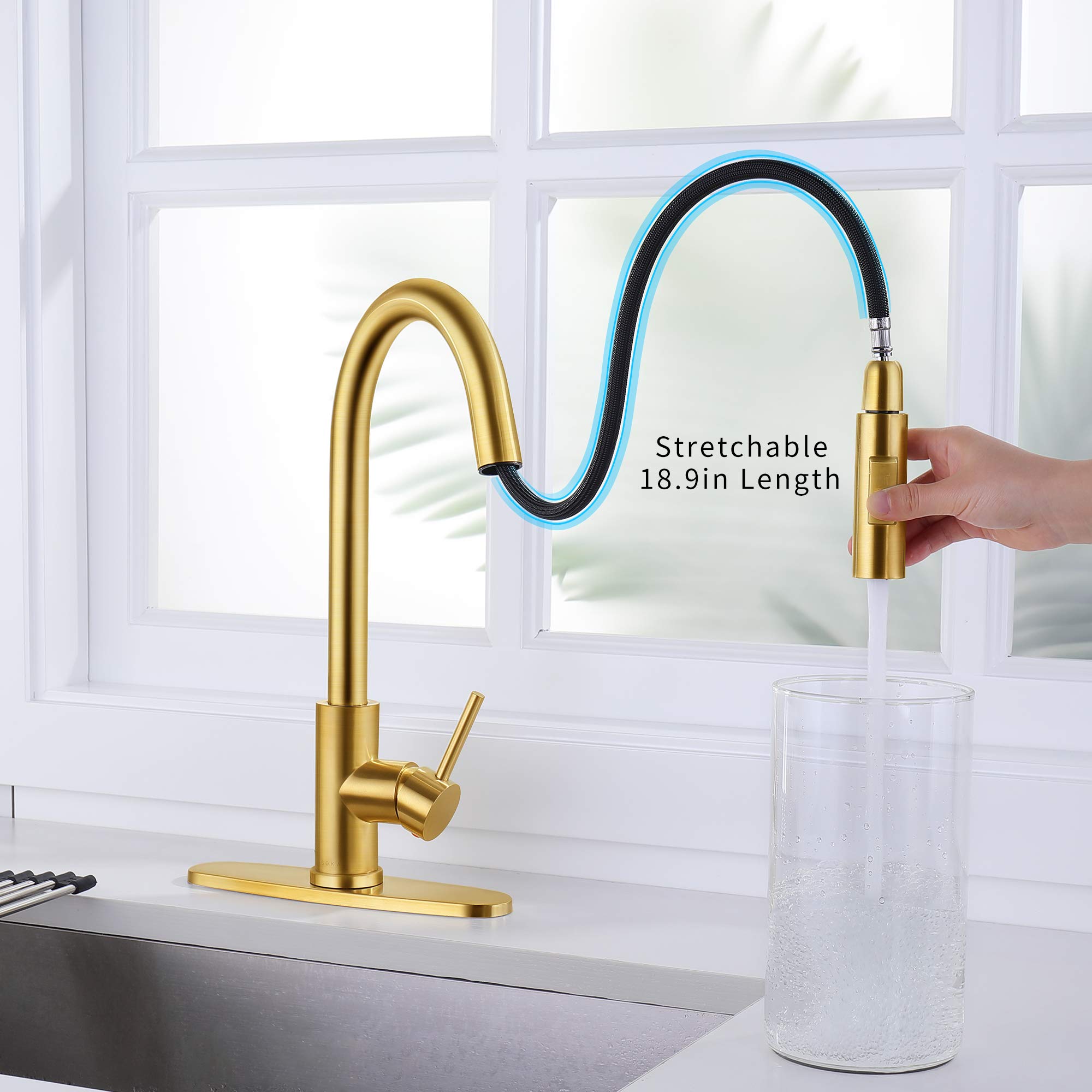 SOKA Commercial Kitchen Faucet with Pull Down Sprayer - RV Touch Faucet for Kitchen Sink, Single Handle High Arc Gold Faucet for Travel Trailers - Fits 1 & 3 Hole with Deck Plate - Perfect for RV, Tiny Homes & Mobile Kitchens