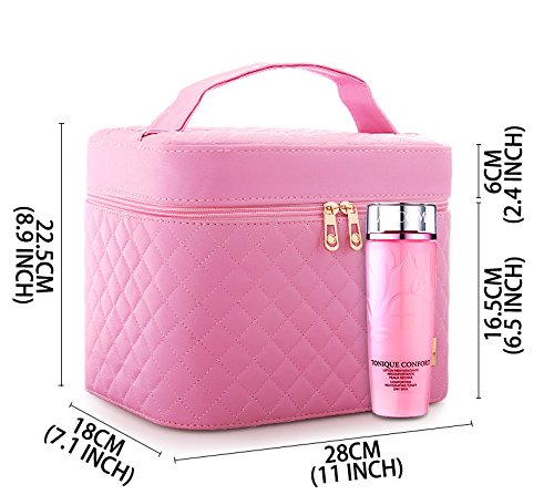 Sooyee 4-Layer Foldable Makeup Bag with Mirror - Pink Cosmetic Organizer & Travel Train Case for Women | Perfect for Travel, Home Storage & On-the-Go Touch Ups