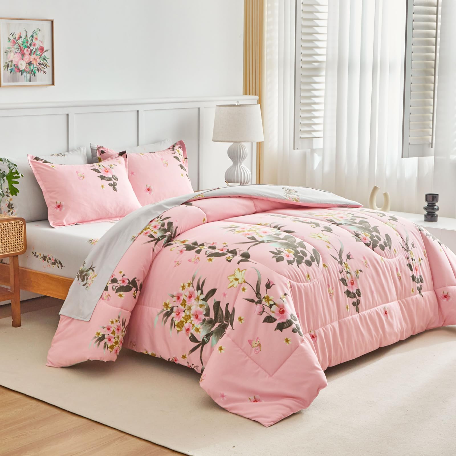 AIKASY 7-Piece Pink Queen Comforter Set with Sheets - Palm Tree Totem Print, Ultra Soft Down Alternative All Season Bedding | Perfect for Master Bedroom, Guest Room & Vacation Home Decor (Queen Size, Pink)
