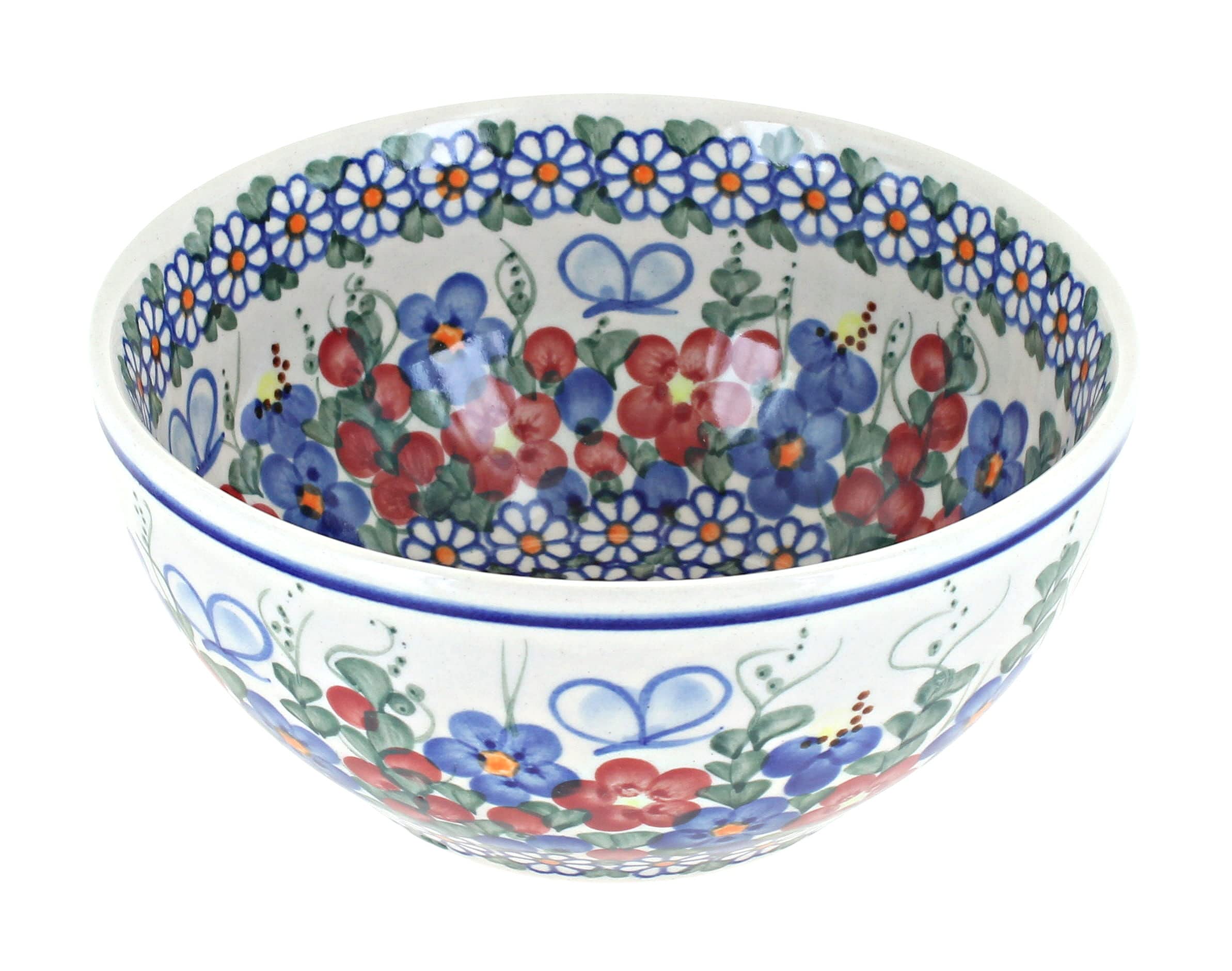 Handmade Blue Rose Polish Pottery Bowl - Ceramic Soup & Cereal Dish for Kitchen, Dining - Perfect for Breakfast, Salad, Dessert Serving - Elegant Garden Butterfly Design - Microwave & Dishwasher Safe