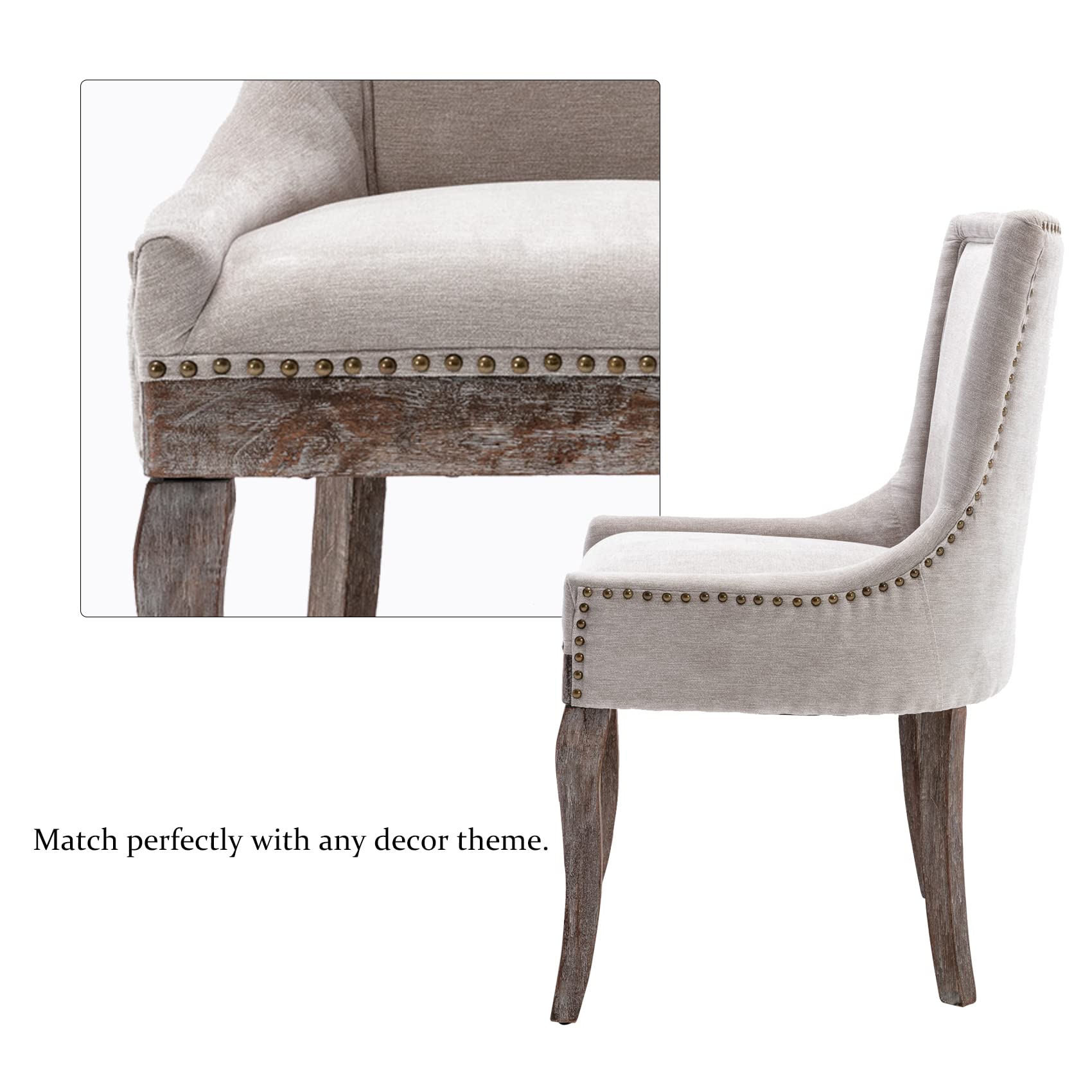 Aoowow 2-Piece Fabric Upholstered Side Chairs Set - Solid Wood Dining Chairs with Nailhead Trim, Beige - Perfect for Kitchen, Dining Room & Home Office Seating