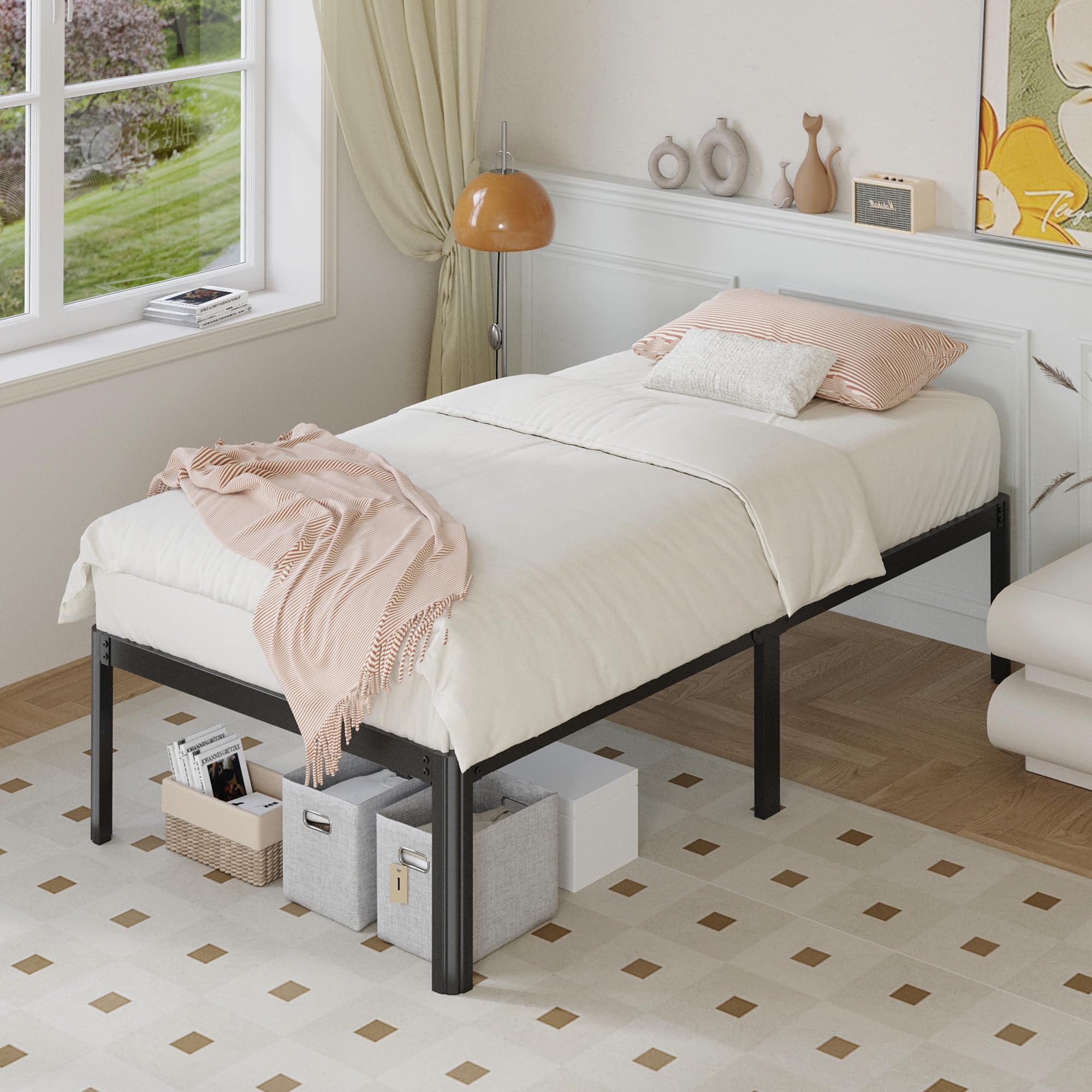 14 Inch Twin Metal Bed Frame with Rounded Corner Legs - Heavy Duty Platform Bed for Kids, Easy Assembly, Noise Free, No Box Spring Needed, Black - Perfect for Kids' Bedrooms, Dorms & Guest Rooms
