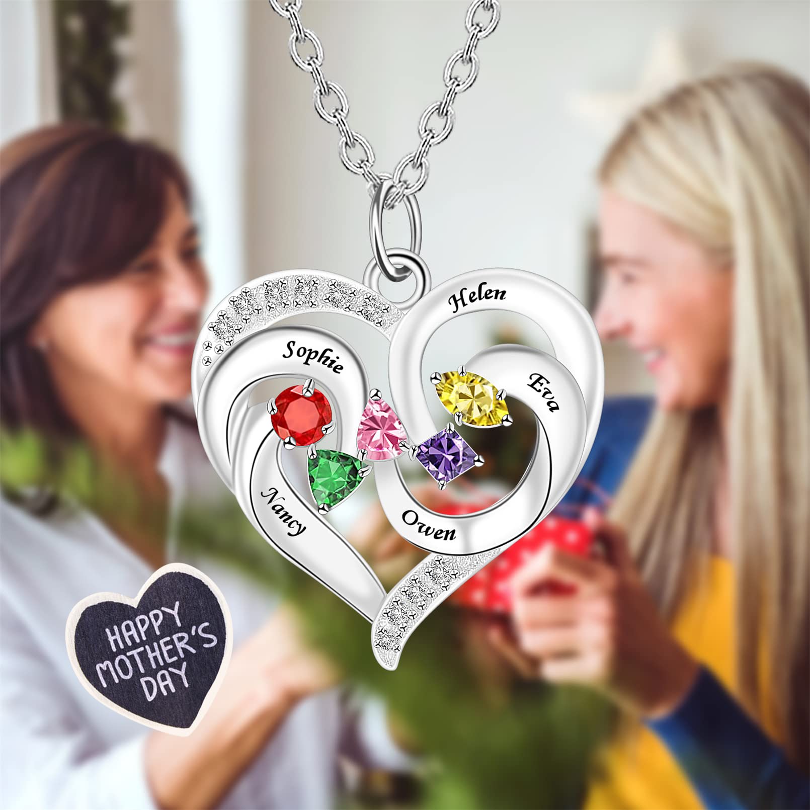 MissNaNa Personalized Birthstone Necklaces for Women - Custom Name Jewelry with 1-5 Names in Round, Triangle, Pentagon, Princess & Pear Cuts - Mother's Day, Anniversary & Birthday Gifts for Wife, Mom & Her Family
