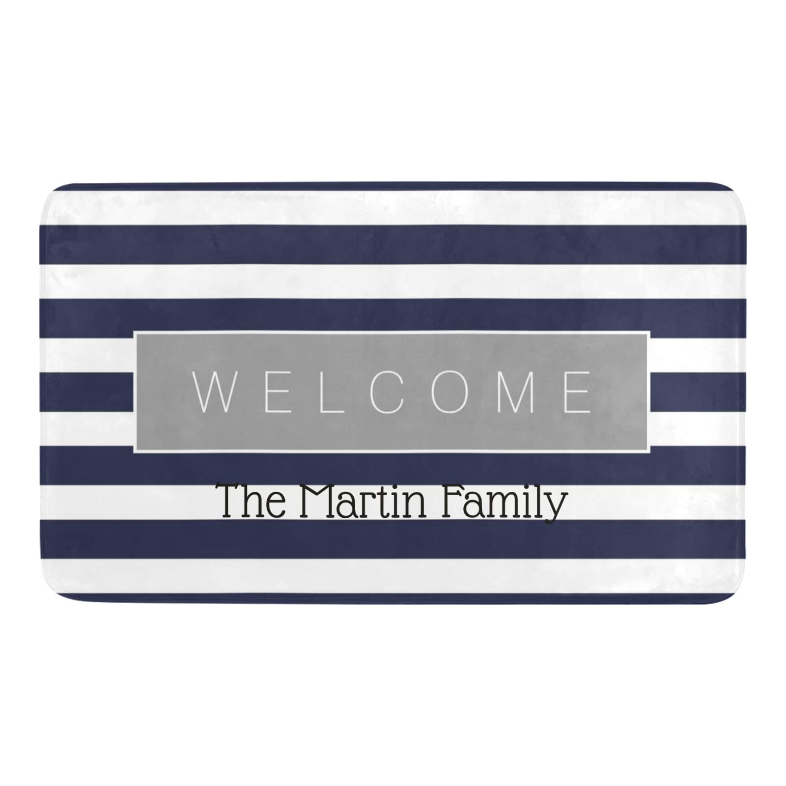 Custom Navy Blue Nautical Stripe Doormat - Personalized Text Name Welcome Mat for Indoor/Outdoor Use - Pet Friendly Entrance Rug - 30