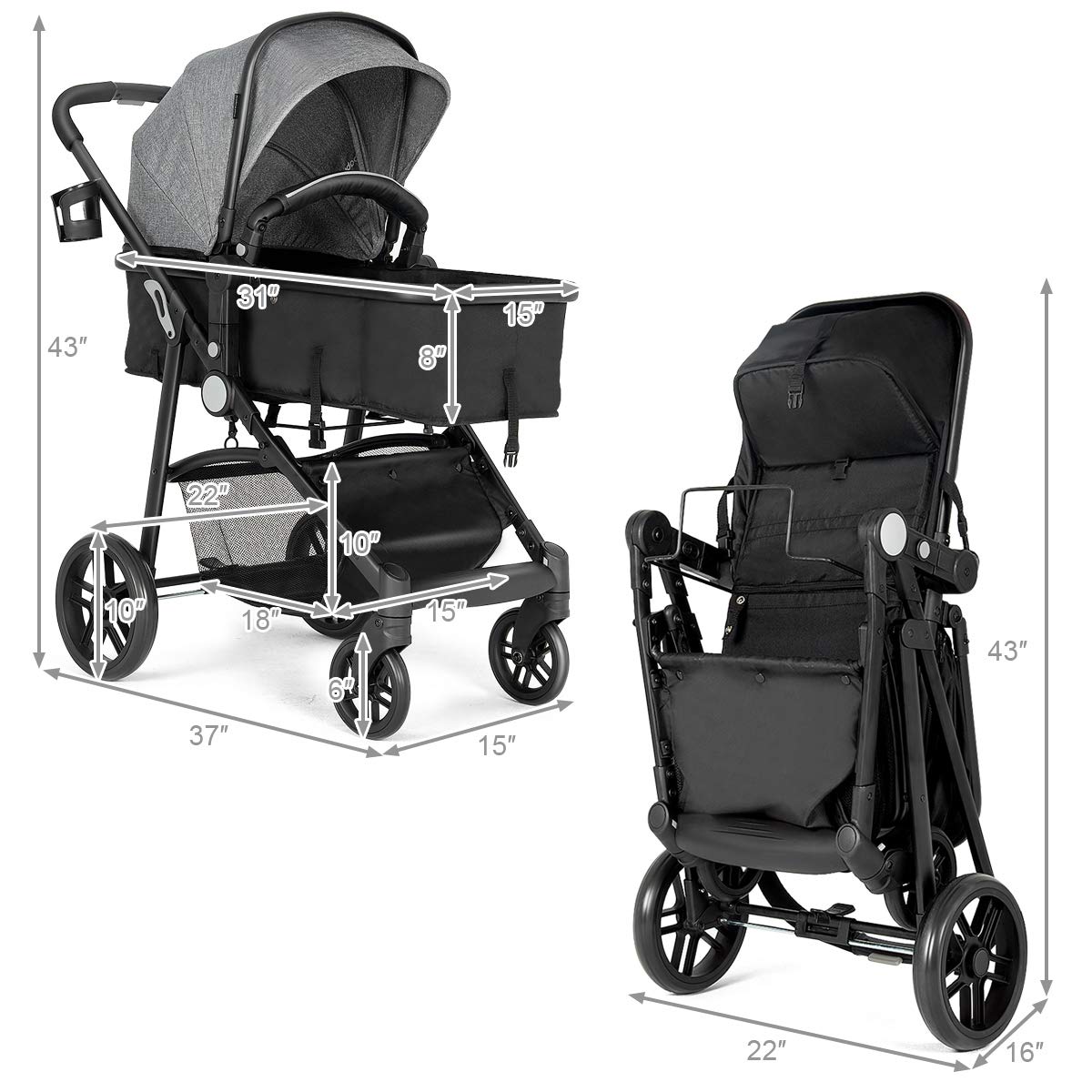 HONEY JOY Baby Stroller - Convertible Infant Bassinet Stroller with Adjustable Canopy, Reclining Backrest, Storage Basket & Cup Holder | Foldable Newborn Carriage Pram for Travel, Shopping & Outdoor Walks (Gray)