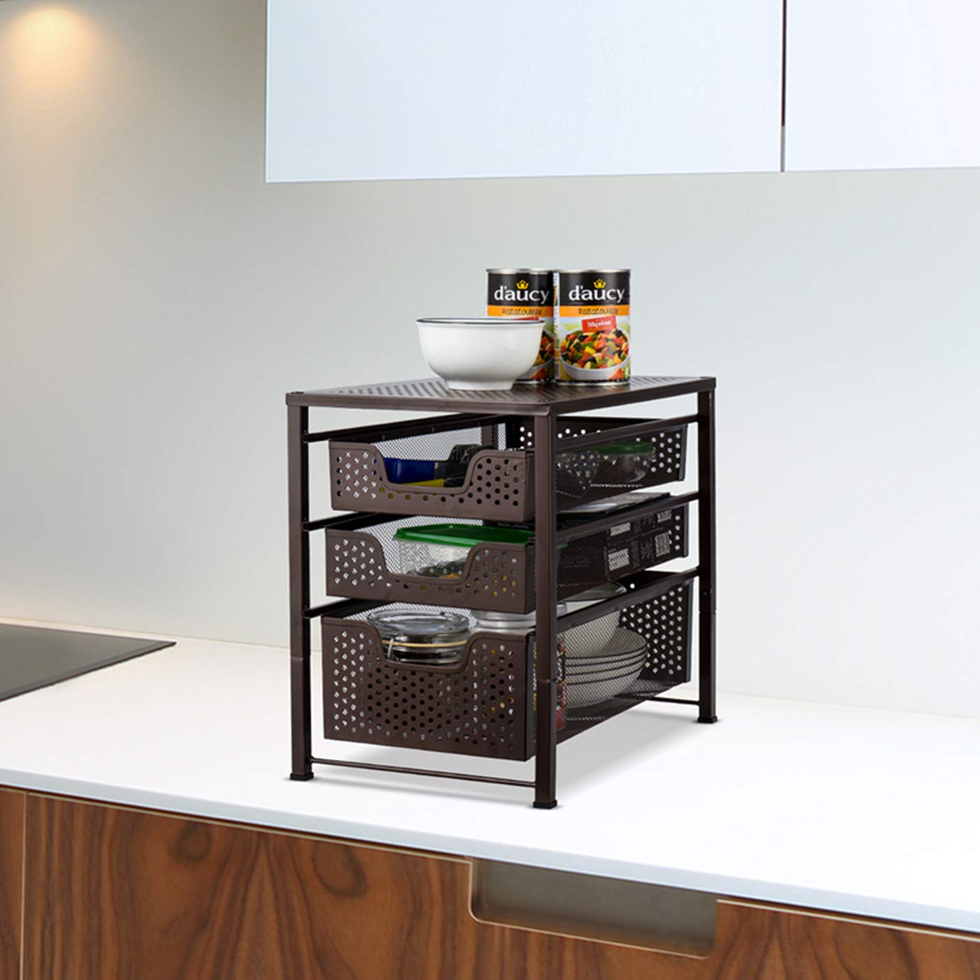 Auledio 3-Tier Stackable Under Sink Organizer with Sliding Baskets - Bronze | Space-Saving Cabinet Storage for Kitchen, Bathroom & Laundry Room Organization