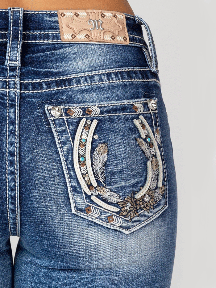 Miss Me M9198B Women's Horseshoe Mid Rise Bootcut Jeans in Dark Blue - Perfect for Casual Wear, Western Style Outfits & Everyday Comfort