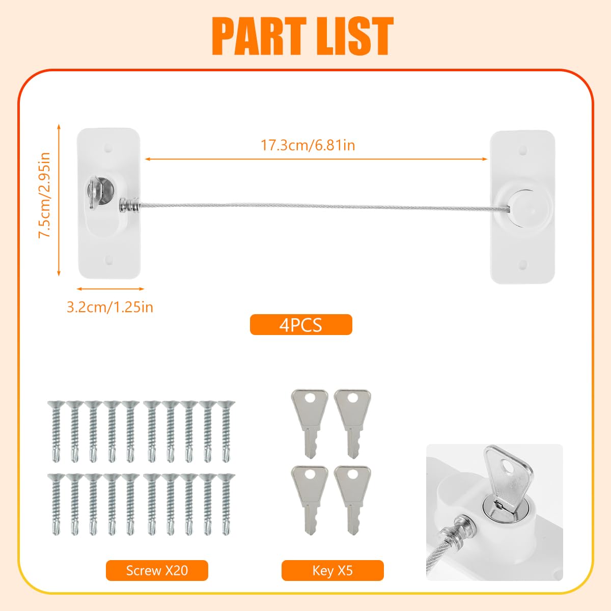 SHASUXTING 4Pcs Self-Adhesive Window Safety Locks - Childproof Security Window Restrictor with Screws & Key - Prevent Kids Falling - Durable Home Safety for Windows, Doors, Sliding Glass (Ideal for Baby Proofing & Pet Safety)