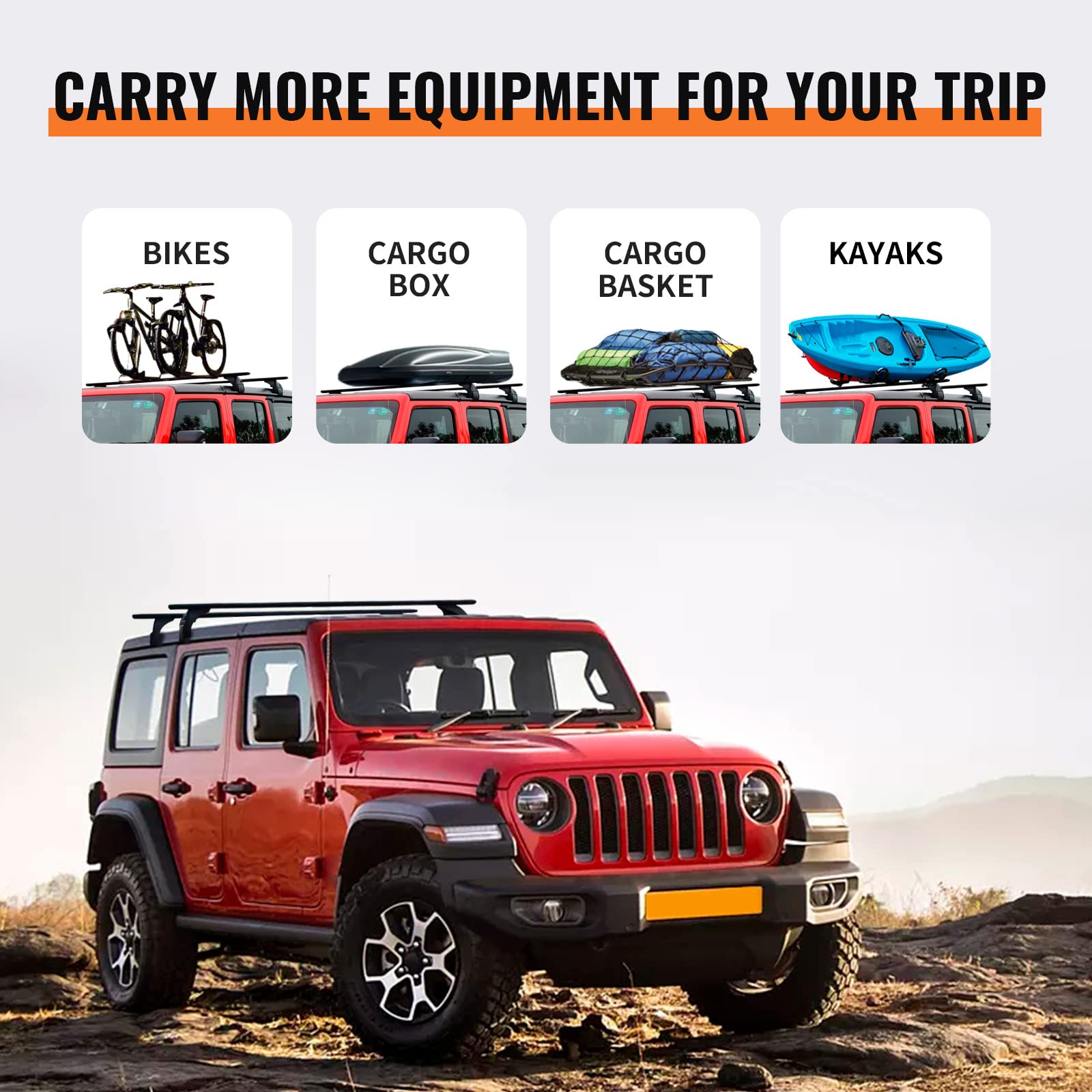Heavy Duty Aluminum Roof Rack Cross Bars 200lb Capacity - Compatible with Jeep Wrangler JK JL & Gladiator JT (2007-2024 Models) - Anti-Theft Locking System - 2/4 Door Universal Fit - Perfect for Rooftop Cargo, Kayak, Bike, Ski & Outdoor Gear Carrier