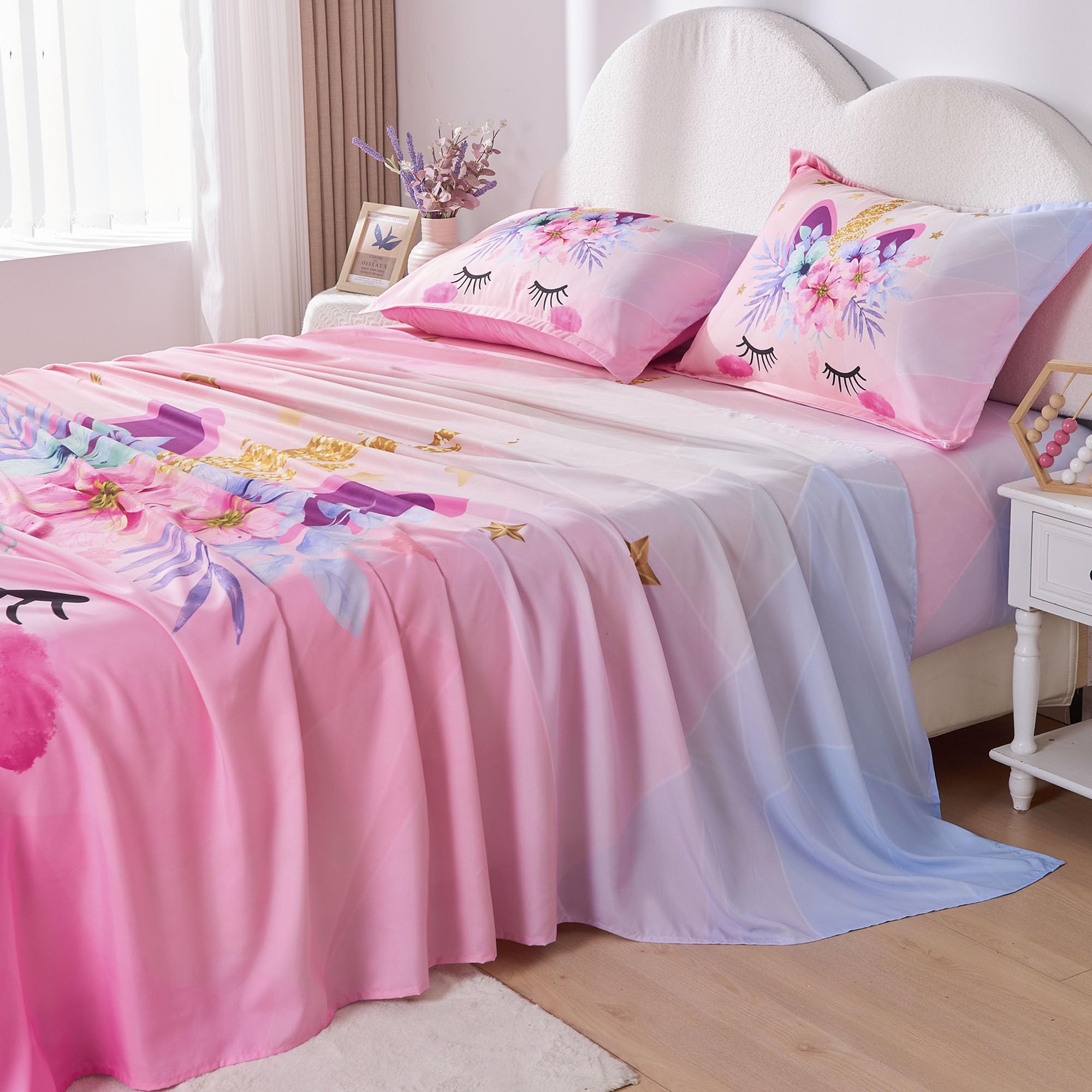 VIVILINEN 4-Piece Queen Size Sheet Set - Soft Pink Unicorn Bedding for Girls & Teens, Includes Flat Sheet, Deep Pocket Fitted Sheet & Pillowcases - Perfect for Kids' Rooms, Sleepovers & Cozy Bedtime