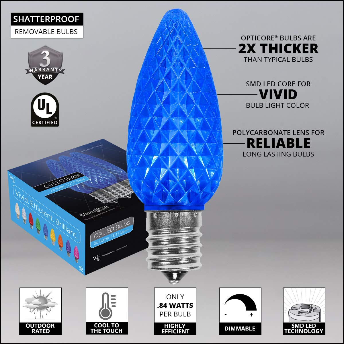 Wintergreen Lighting 50ft OptiCore LED Blue Christmas Pathway Lights - C9 Landscape Lighting with 4.5