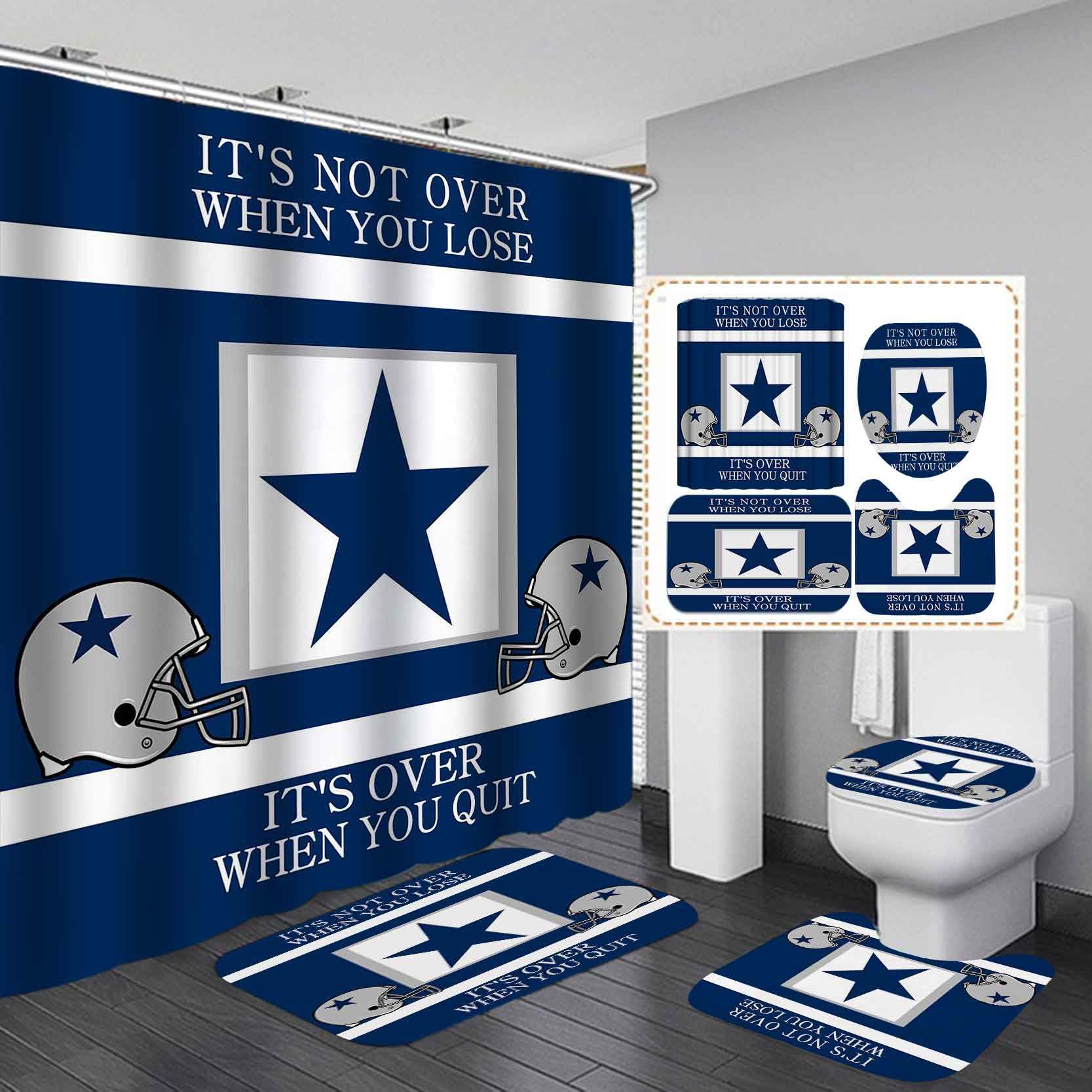 4PCS/Set Inspirational Quotes Shower Curtain with Non-Slip Bath Rugs - White Navy Blue Striped Texas Star Grey Helmet American Football Player Design for Modern Sports Bathroom Decor | Perfect for Football Fans & Athlete Themed Bathrooms