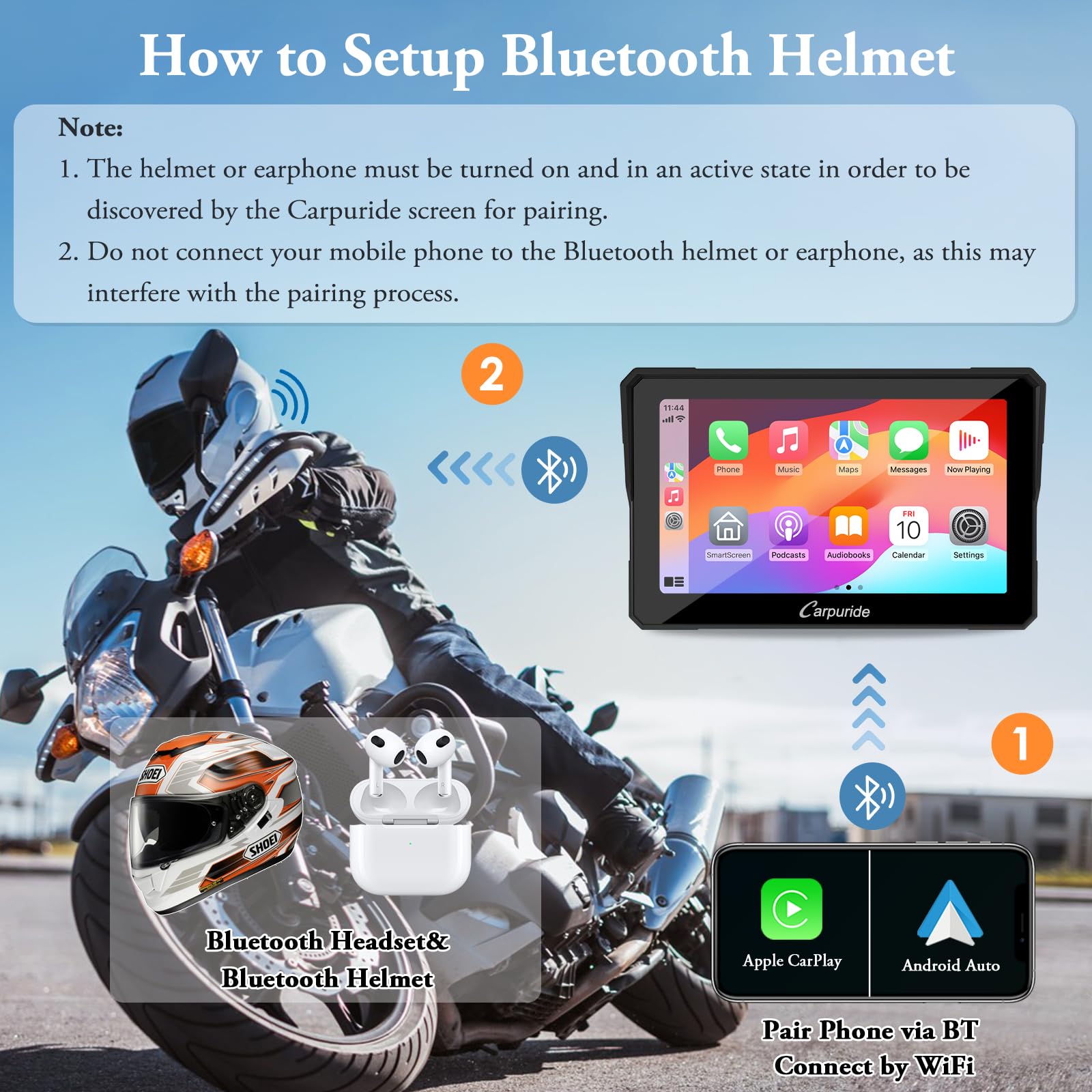 Carpuride W702 7-Inch Waterproof Motorcycle GPS Navigation System with Apple CarPlay & Android Auto, Dual Bluetooth, Siri & Google Assistant, 64GB TF Card - Perfect for Adventure Riding, Commuting & Road Trips
