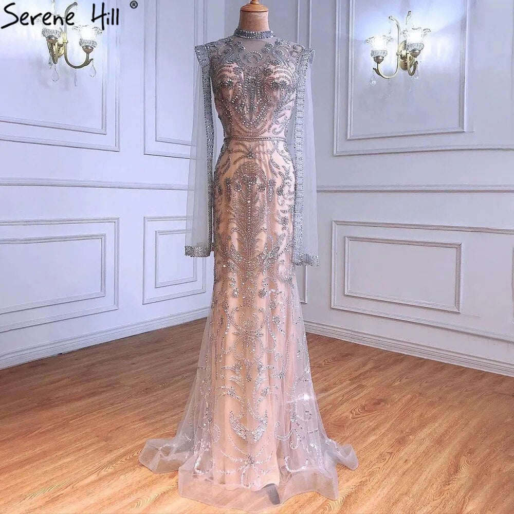 Serene Hill Luxury Grey Nude Mermaid Evening Dress with Cape - Elegant Beaded Gown for Women 2025 | Perfect for Prom, Wedding, and Red Carpet Events - LA71027