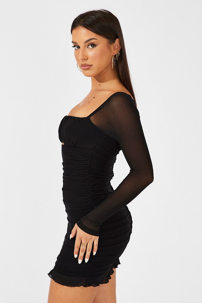 Sexy Black Bodycon Dress with Ruched Mesh Detail - Perfect for Night Out, Party, and Date Night