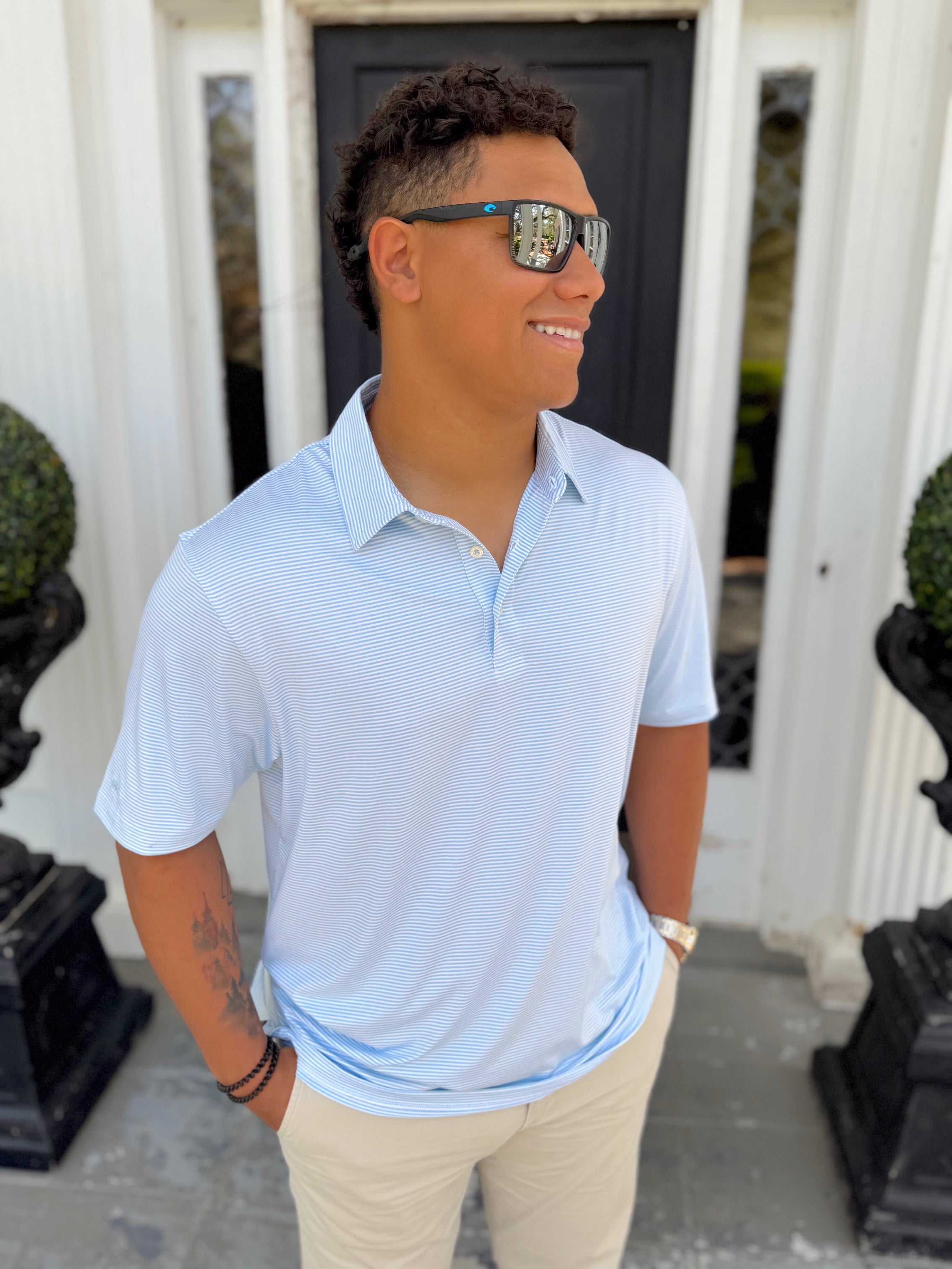 Southern Shirt Co. Heather Madison Stripe Polo Shirt for Men - Crystal Lake Blue Casual Wear for Golf, Office & Everyday Outfits