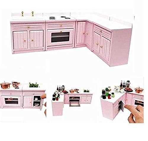 1:12 Scale Dollhouse Miniature Furniture - Pink Wooden Kitchen Cabinet Set with Sink & Countertops | Deluxe Miniature Kitchen Accessories for Dollhouse Decor | Perfect for Dollhouse Displays, Miniature Collectors & DIY Projects