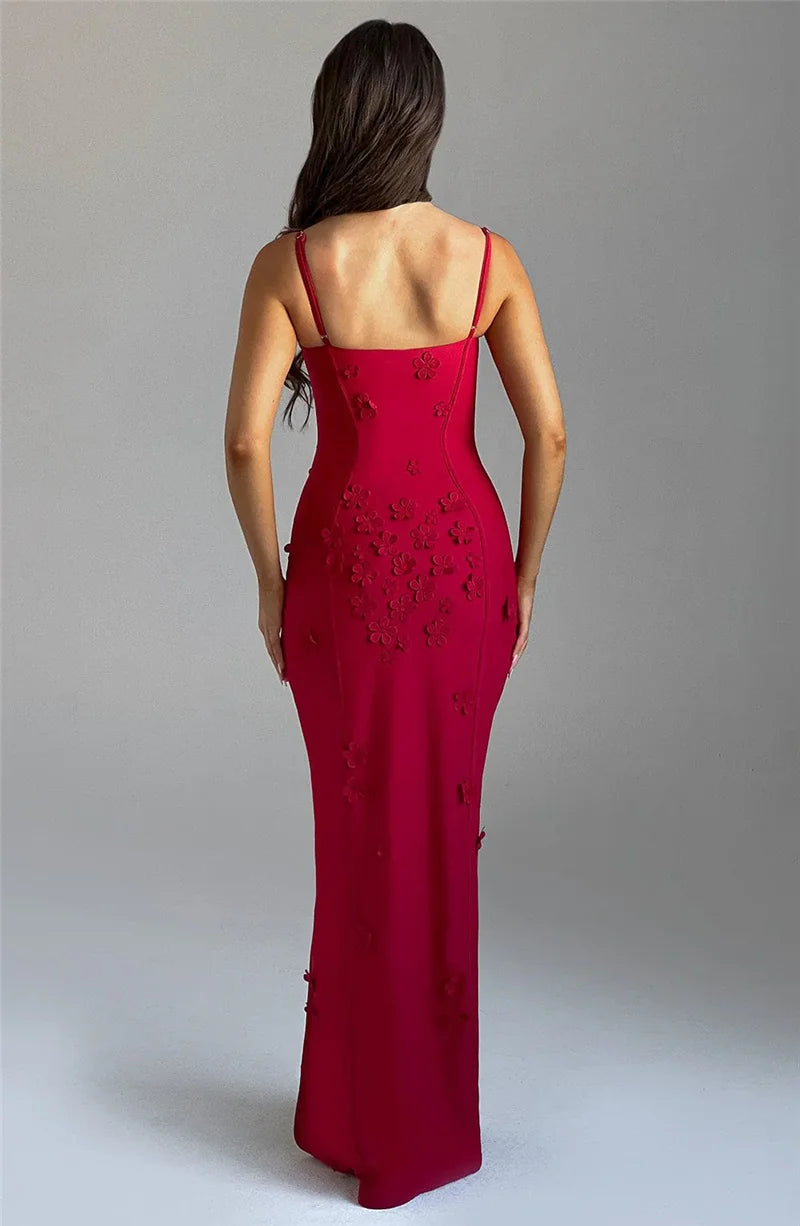 3D Floral Spaghetti Strap Sexy Maxi Dress for Women - Off Shoulder Backless Thigh High Split Evening Gown | Perfect for Club Parties, Date Nights & Summer Vacations