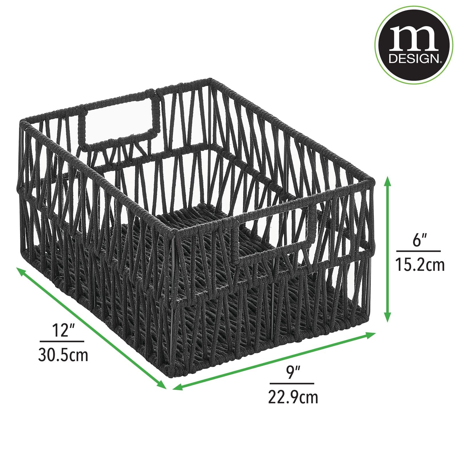mDesign Metal Wire & Cotton Rope Small Macrame Boho Storage Baskets with Handles - 3 Pack Black - Decorative Organizer Bins for Kitchen, Pantry, Shelves - Perfect for Paper Goods, Dish Towels, Party Supplies & Home Decor