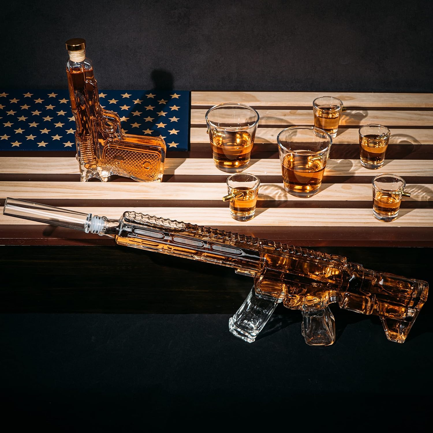 AR15 Whiskey Gun Decanter Set with American Flag - 1000ml Rifle & Pistol Liquor Dispenser, Bullet Shot Glasses & Hanging Storage Gift Box - Perfect for Army, Navy, Marine Veterans & Gun Lovers - Great for Man Cave, Hunting Cabin, Military Themed Parties & Patriotic Home Decor