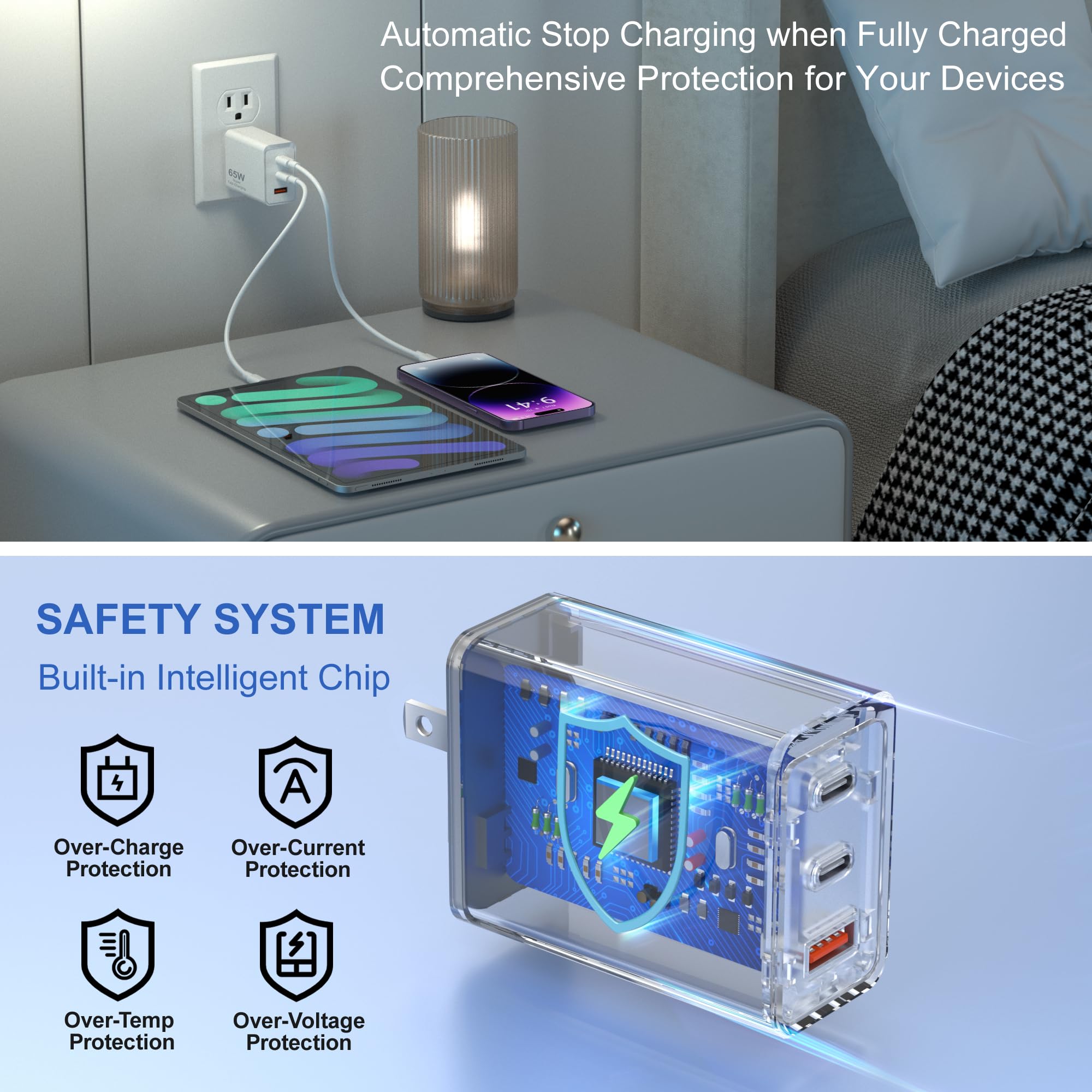 65W USB C Fast Charger with 3 Ports - PD/QC/PPS Compatible Wall Charger for MacBook, iPad, iPhone 16/15/14/13 Pro Max, Samsung Galaxy S24/S23/Note20 - Perfect for Travel, Office & Home Charging