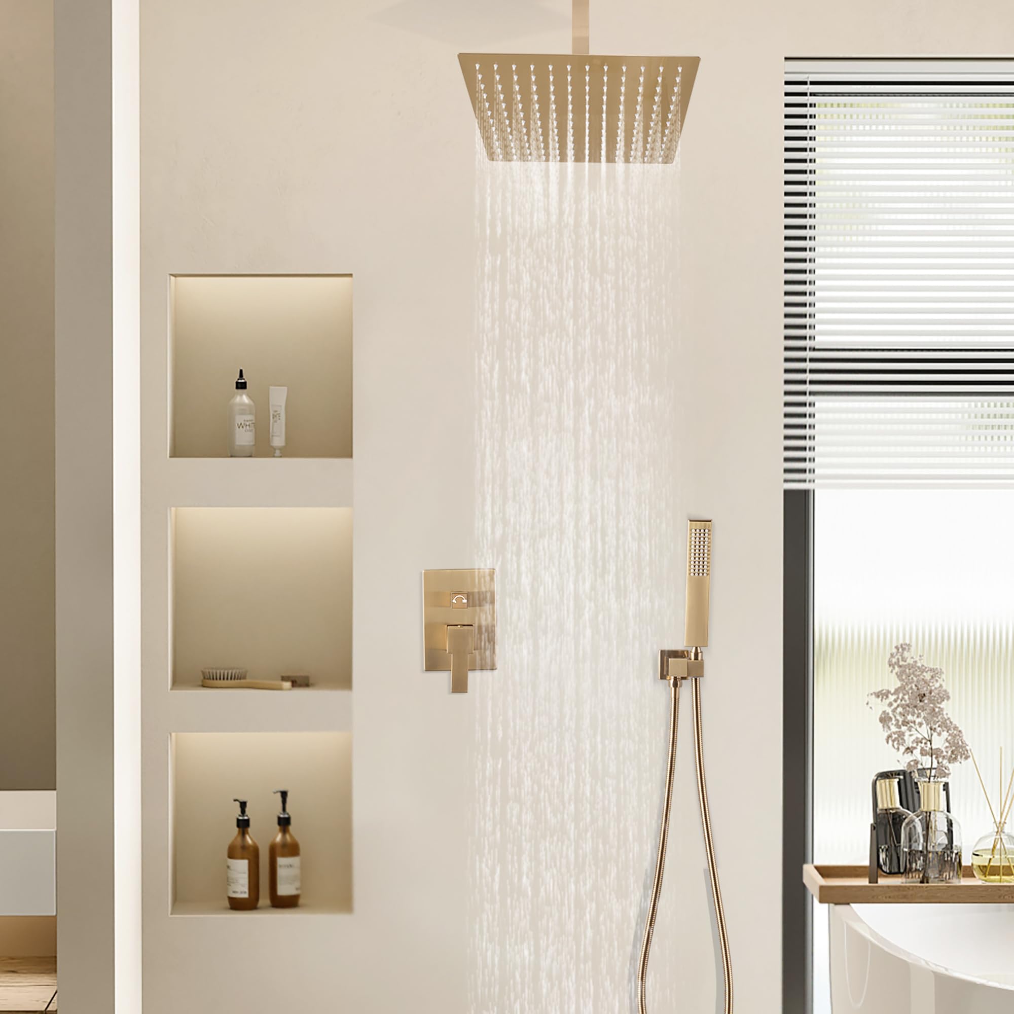 SKOWLL Brushed Gold Shower System - 8 Inch High Pressure Rainfall Shower Head with Brass Handheld Spray, Valve Body & Trim Kit | Luxury Bathroom Upgrade for Spa-Like Experience