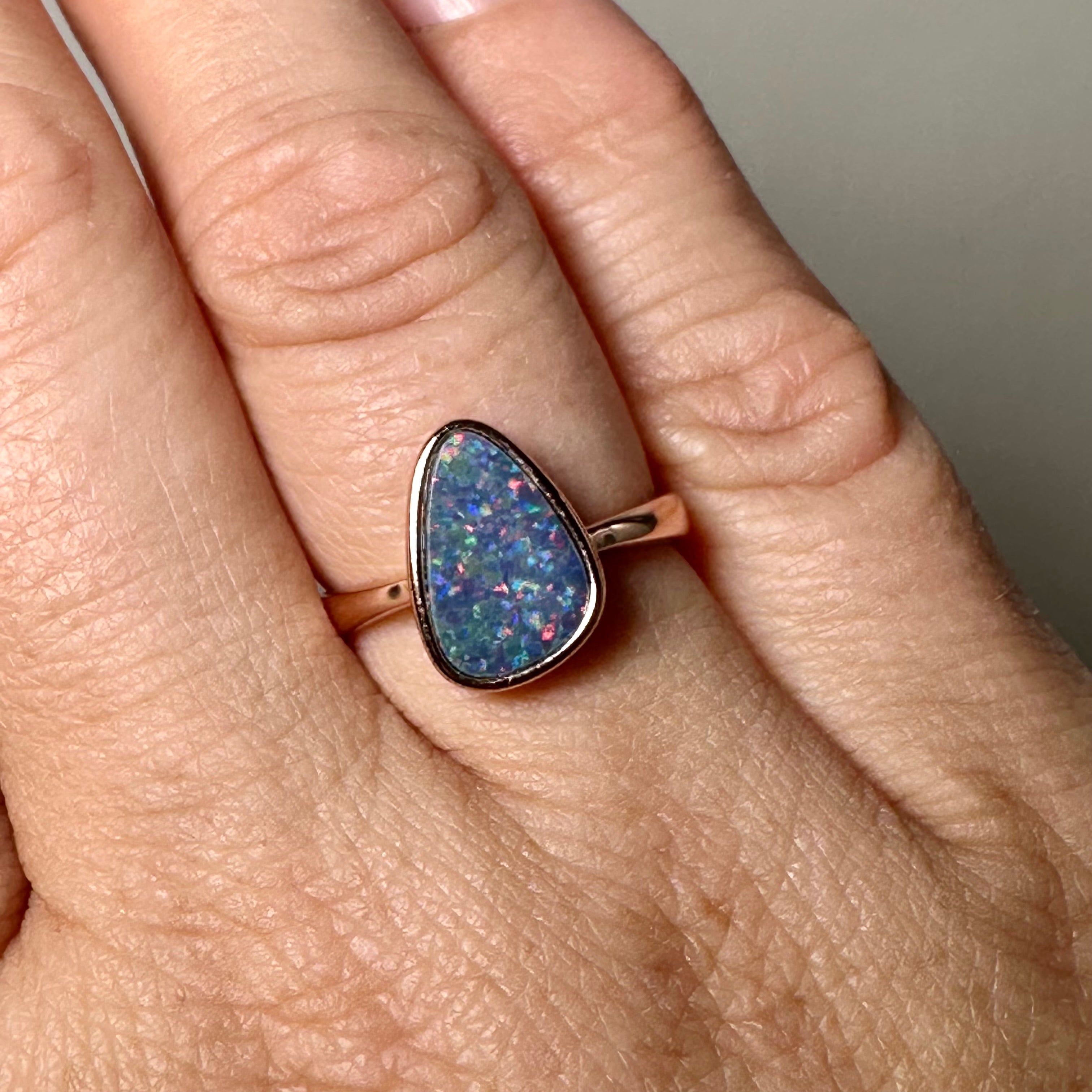 Opal Doublet Coober Pedy Freeform Cabochon Rose Gold Plated Ring Size 6.75 - Australian Opal Jewelry for Women, Elegant Gift for Birthday, Anniversary & Special Occasions