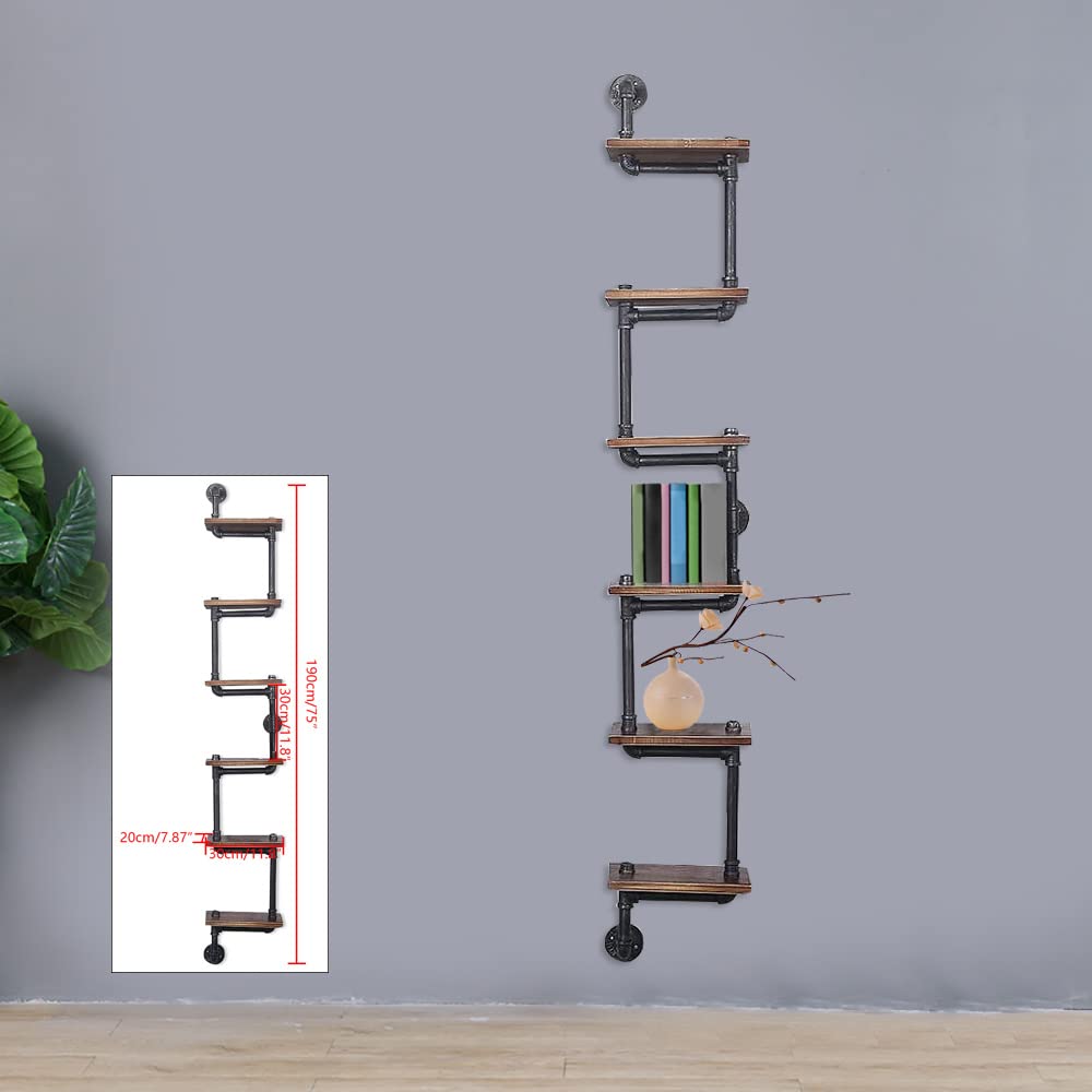 Industrial Wall-Mounted Shelf - Retro Solid Wood Bookshelf with 6 Layers - Space Saving Storage Solution for Home, Office & Bathroom Organization - Perfect for Displaying Books, Decor & Bath Essentials