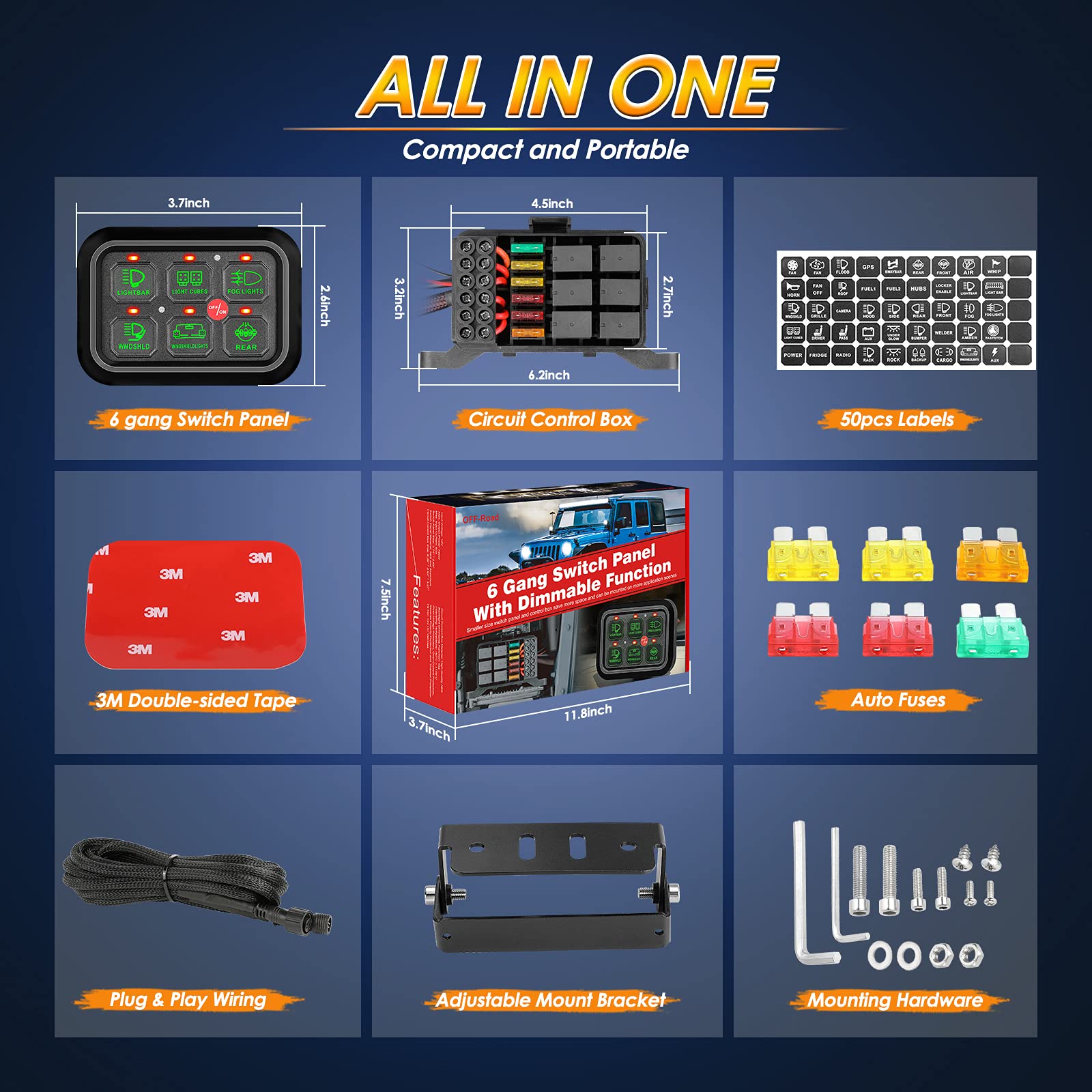 6 Gang Switch Panel Automatic Dimmable - Universal Electronic Relay System Circuit Control Box with On/Off LED Touch Switch for Trucks, UTV, ATV, Boats & Cars | Perfect for Off-Roading, Marine & Automotive Electrical Control