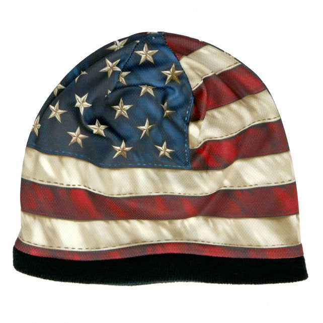 3D Distressed American Flag Beanie - Sublimated Leather-Look Winter Hat for Men & Women - Patriotic Outdoor Cold Weather Accessory for Hiking, Skiing, and Football Games