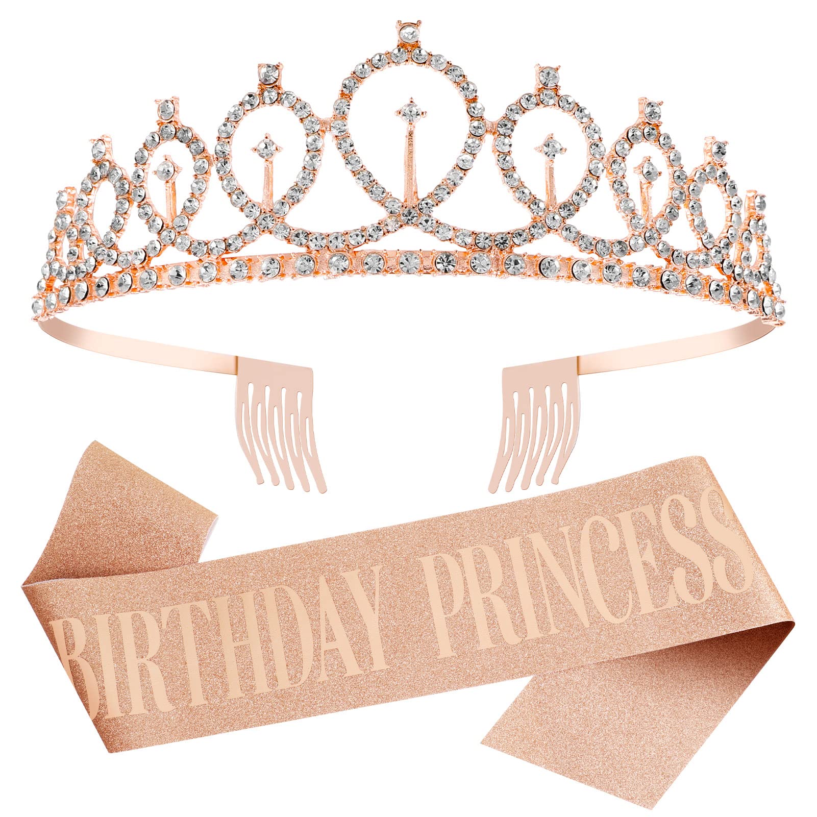 Sparkling Rhinestone Birthday Tiara & Sash Set for Girls - Princess Birthday Crown Party Decorations, Favors & Supplies | Perfect for Birthday Parties, Princess Themed Events & Special Celebrations