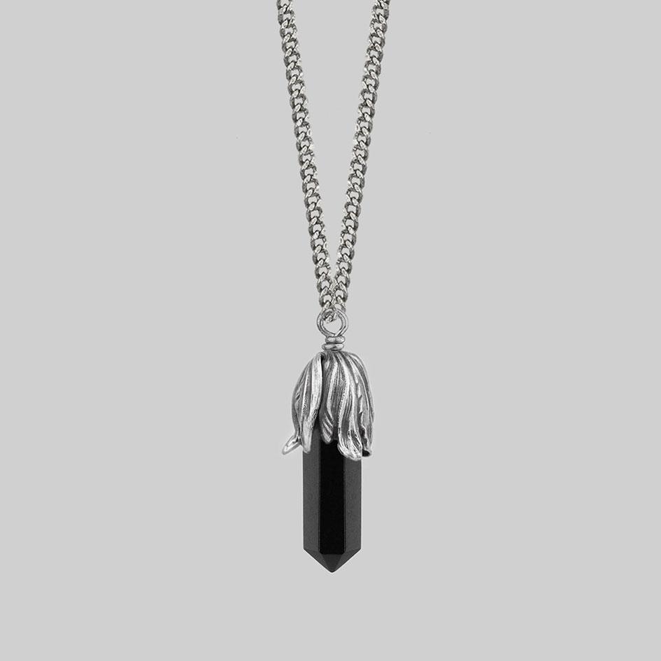 DEATH BLOOM Black Agate Gemstone Necklace in Sterling Silver - Elegant Gothic Jewelry for Women, Perfect for Parties, Weddings & Everyday Wear