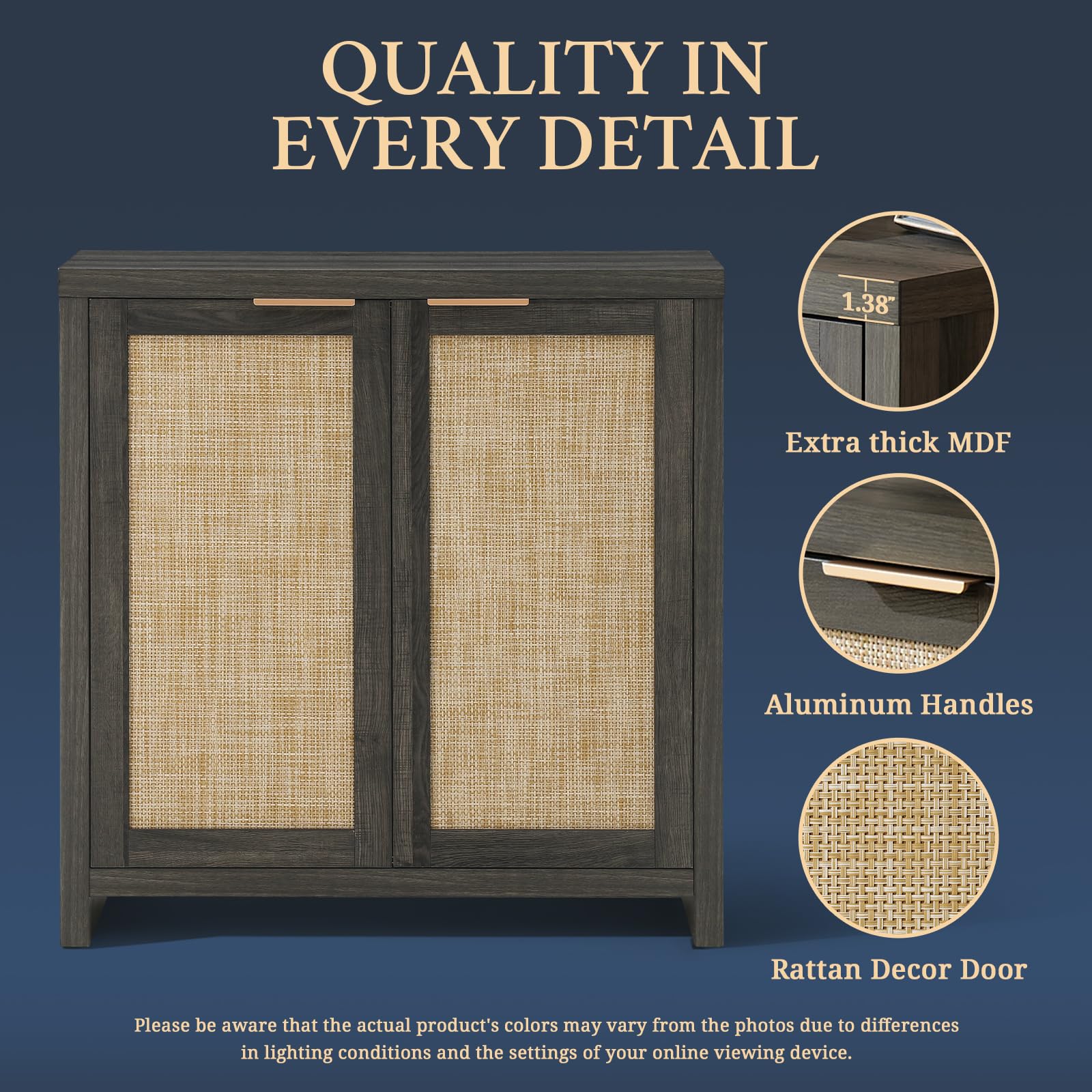 Hampstead Storage Sideboard Cabinet with Rattan Doors & Adjustable Shelves - Buffet Kitchen Cabinet, Cupboard Console for Living Room, Dining Room & Entryway Storage Solution