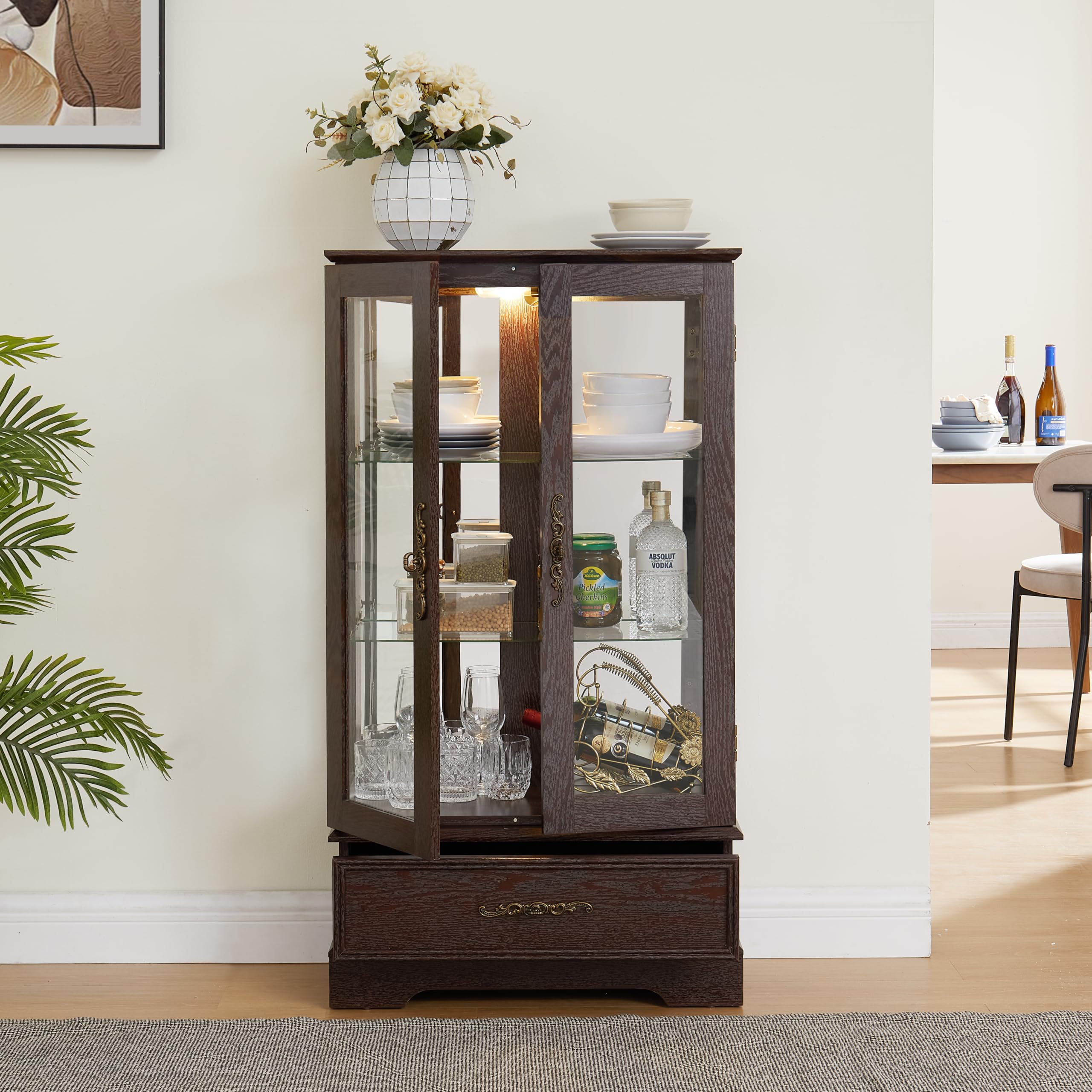Vintage Glass Display Cabinet with LED Lights - Adjustable Glass Shelves & Mirrored Back - Floor Standing Curio Cabinet for Living Room, Bedroom, or Office - Cherry Wood Storage Showcase for Collectibles, China, and Home Decor